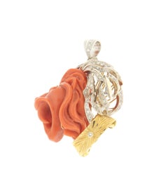 Lion Coral Diamonds 18 Karat White and Yellow Gold Pendant Necklace