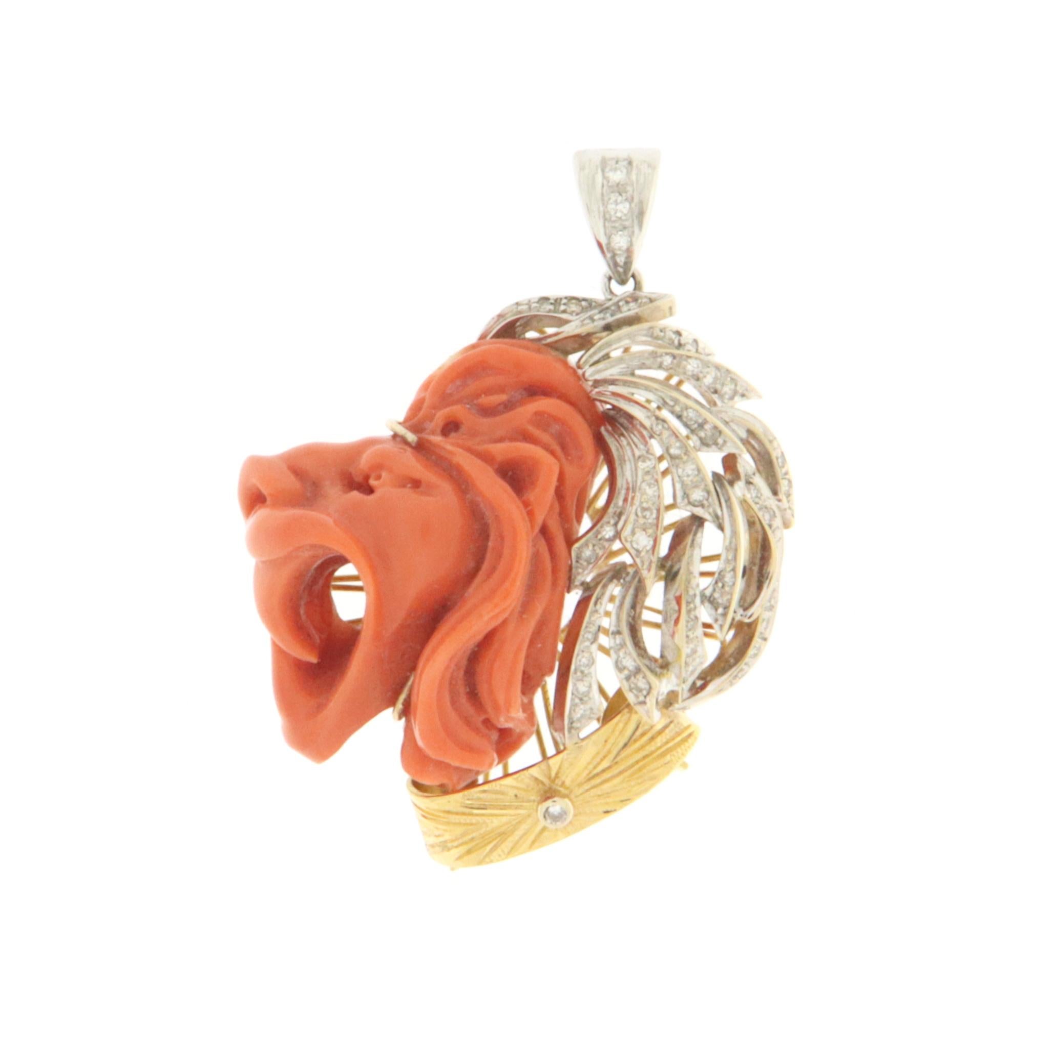Contemporary Lion Coral Diamonds 18 Karat White and Yellow Gold Pendant Necklace For Sale