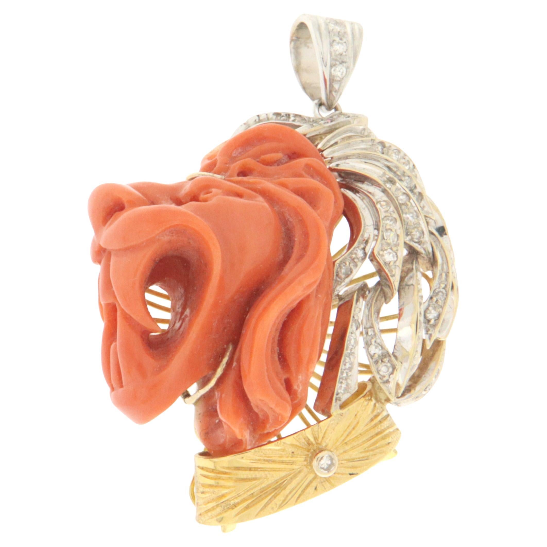 Lion Coral Diamonds 18 Karat White and Yellow Gold Pendant Necklace For Sale
