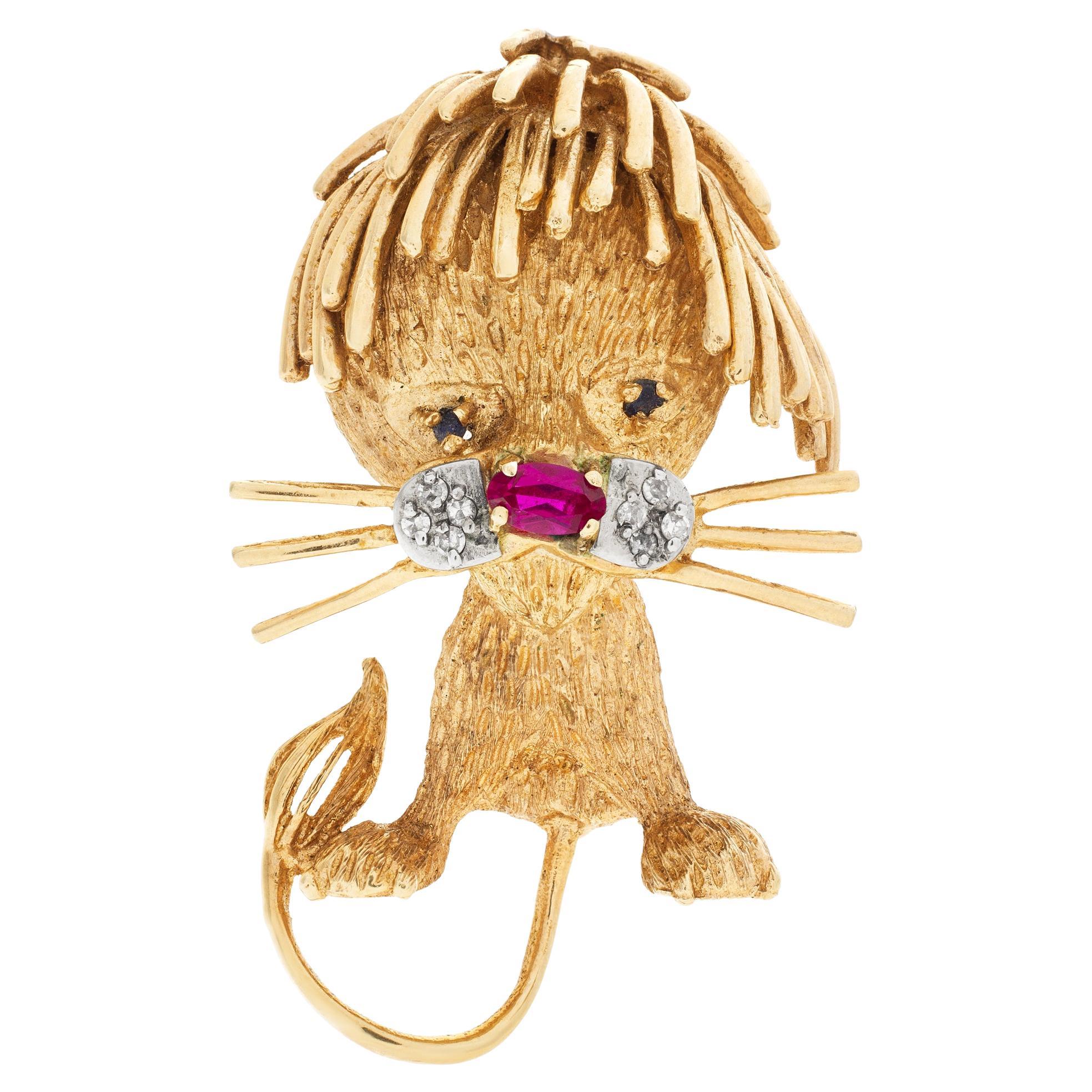 Lion Cub Brooch in 14k Gold with an Oval Ruby Nose, Diamond Whiskers and Emerald
