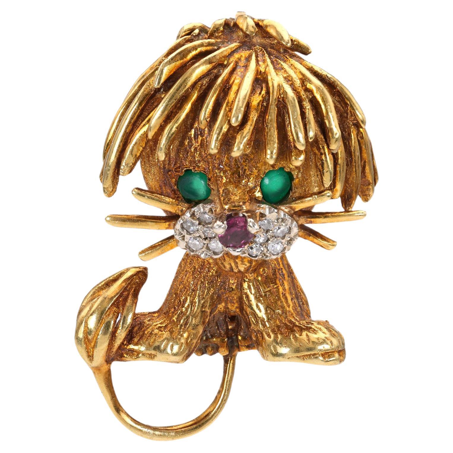 Lion Cub Gemstone Gold brooch For Sale