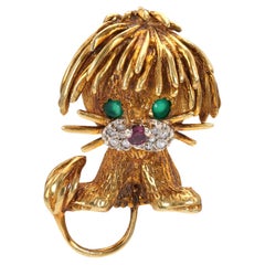 Vintage Lion Cub Gemstone Gold brooch