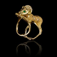 18 Karat Yellow Gold Emeralds Diamonds Cognac Brilliant Pave Cocktail Ring Lion