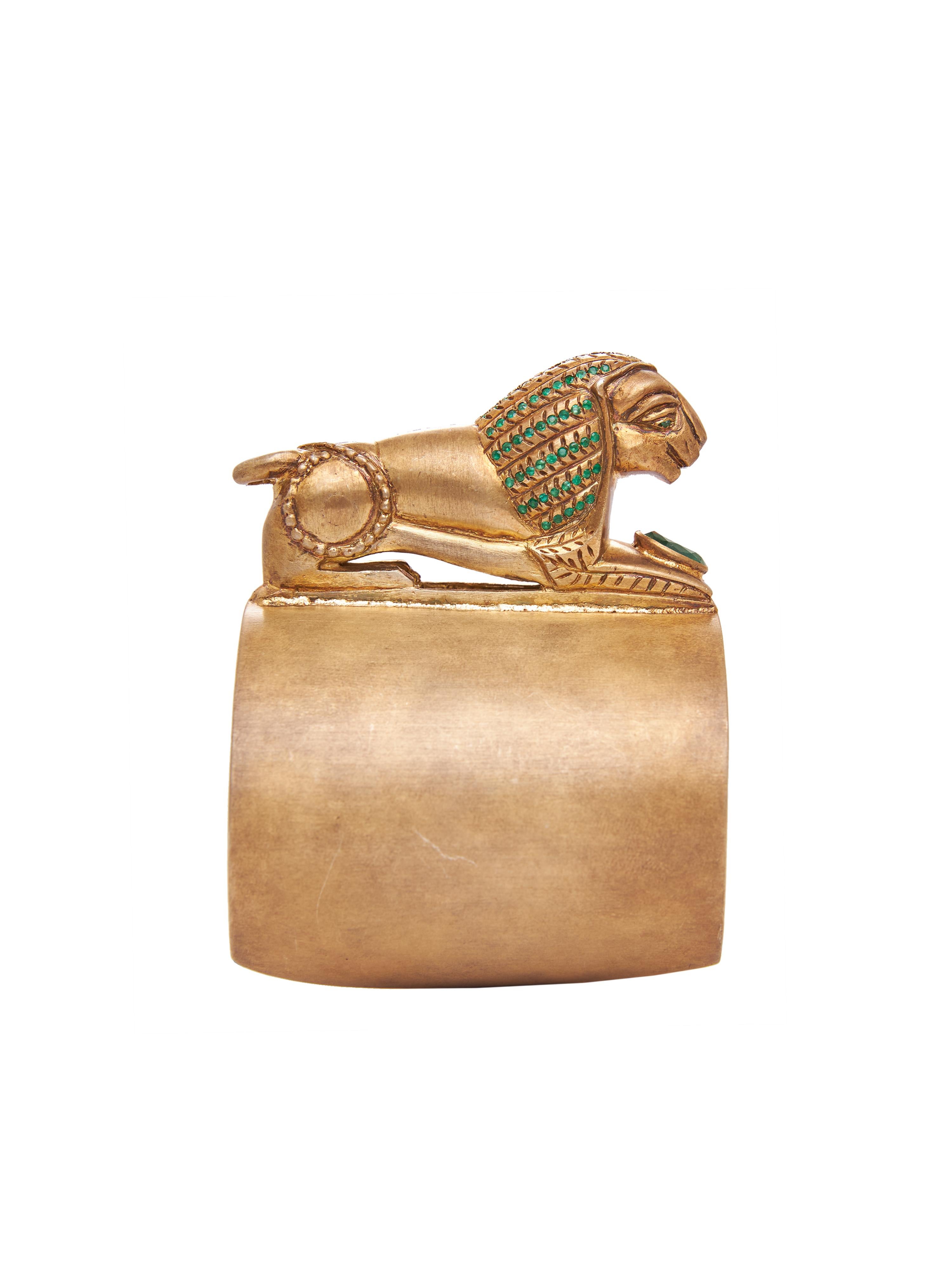 Revival Lion Cuff in Silver & Emerald For Sale