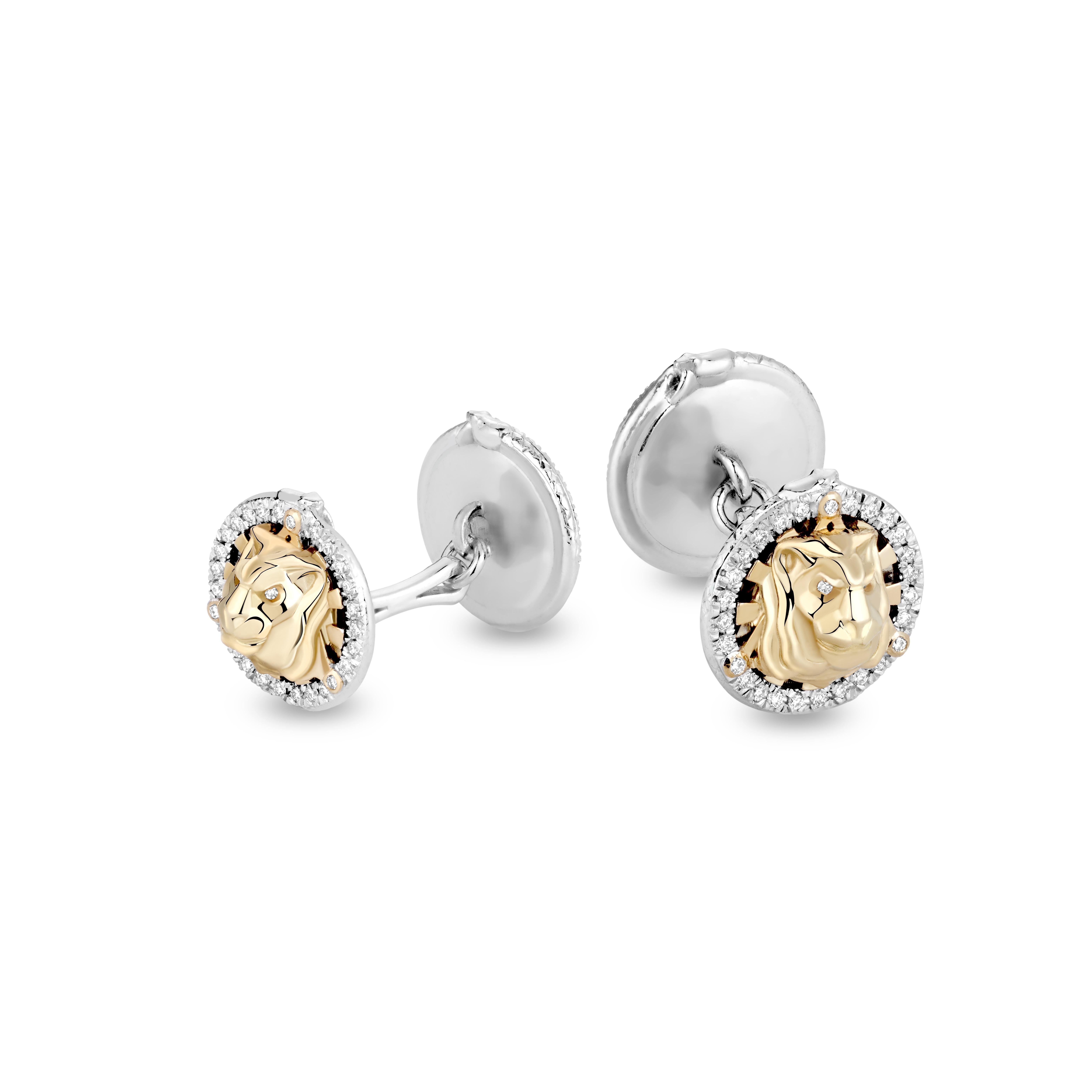 Lion cufflinks in 18K gold and diamonds are a must have accessory for a refined, luxurious man. They feature the face of a lion, surrounded by the rays of the shining sun, all placed within a triangle. Akin to the symbol of the all-seeing eye, the