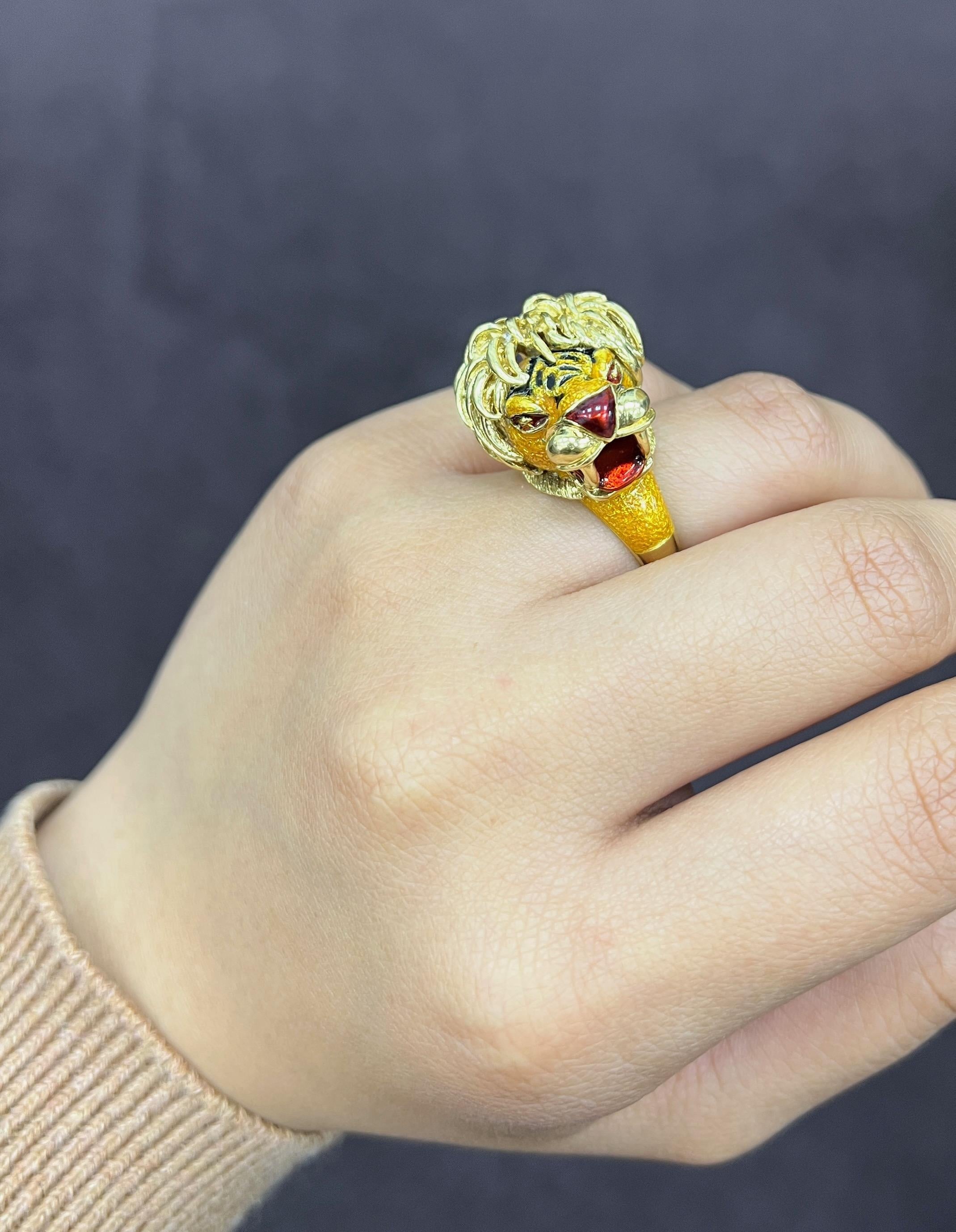 Whimsical Lion Enamel Gold Ring For Sale 2