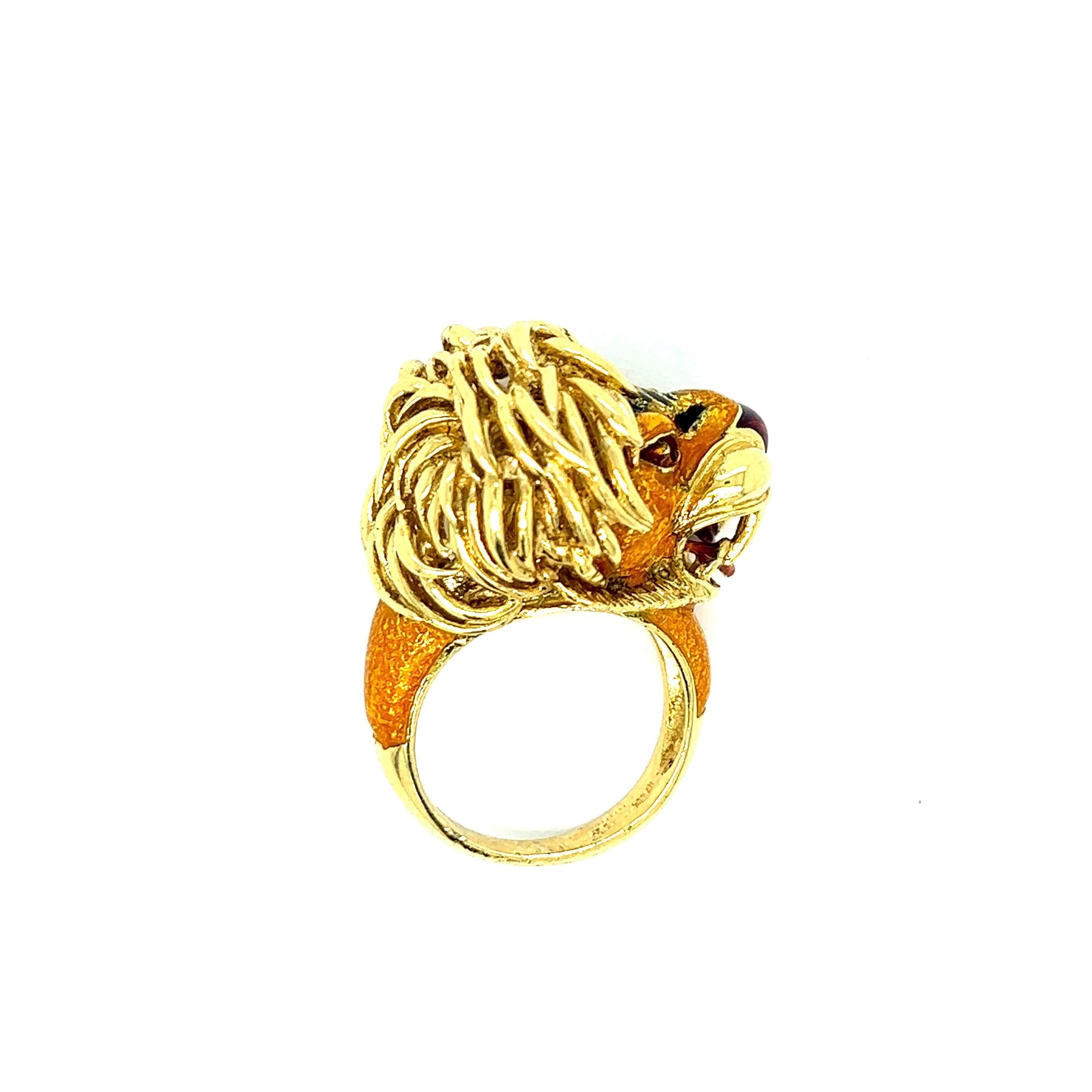 Contemporary Whimsical Lion Enamel Gold Ring For Sale