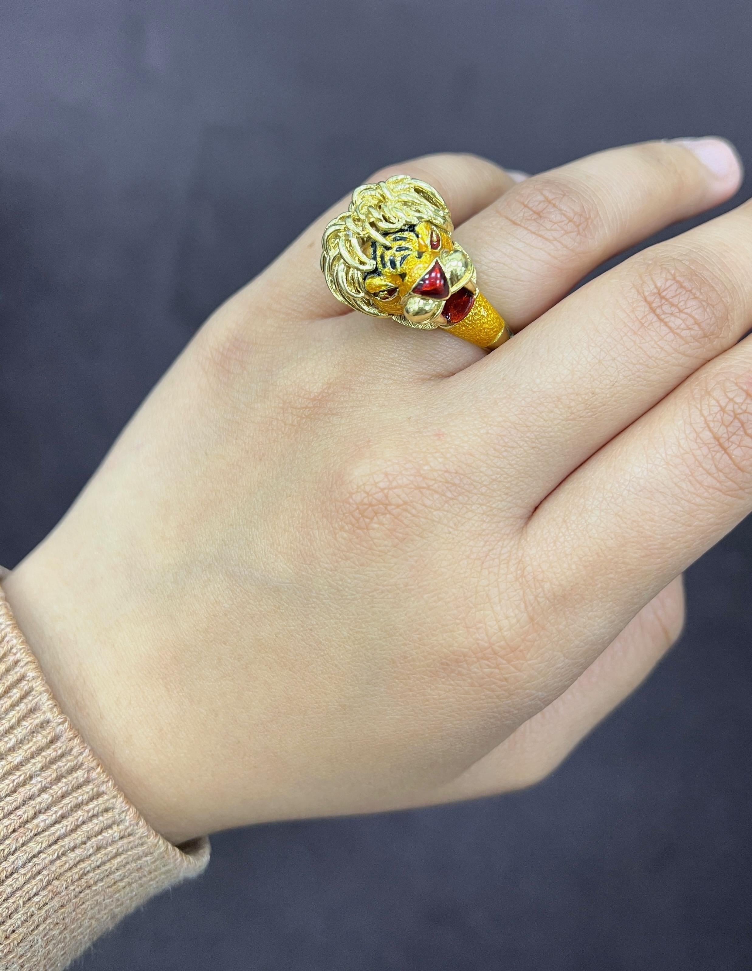 Whimsical Lion Enamel Gold Ring For Sale 1
