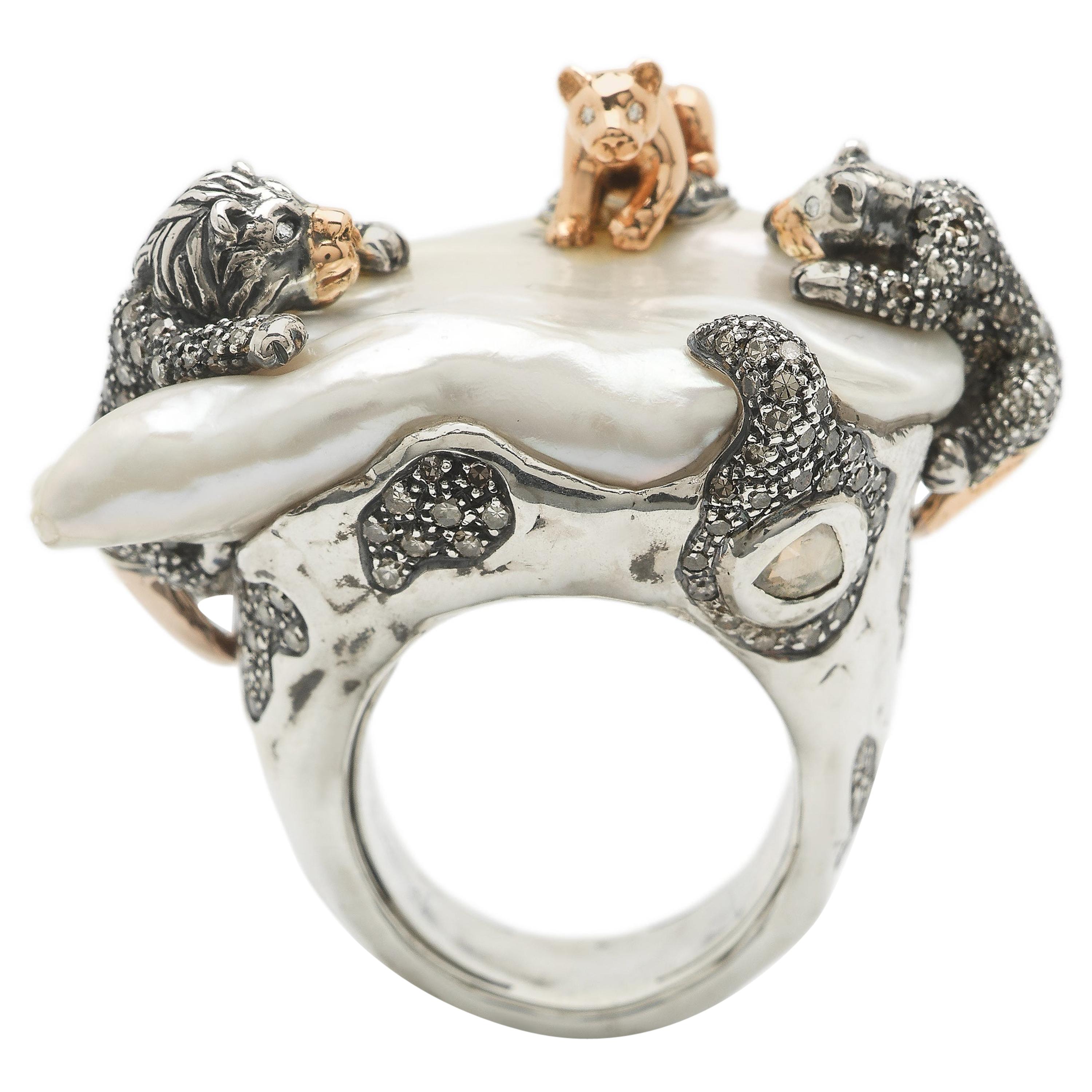 18 Karat Rose Gold Brown and White Diamond Lion Family Statement Ring For Sale