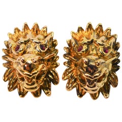 Lion Gargoyle Yellow Gold Earrings with Ruby Accents