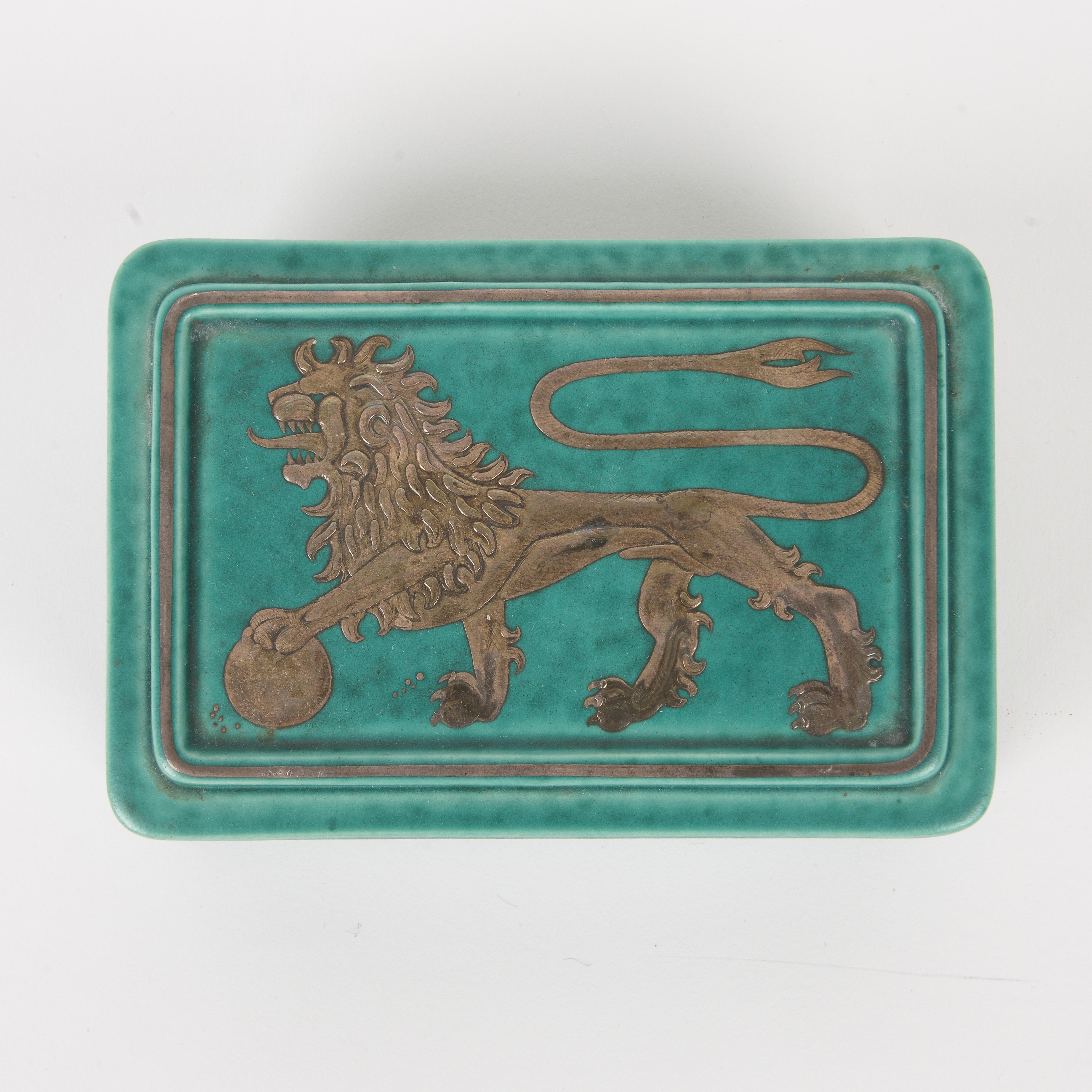 Hand-Painted Lion Gustavsberg Argenta Box For Sale