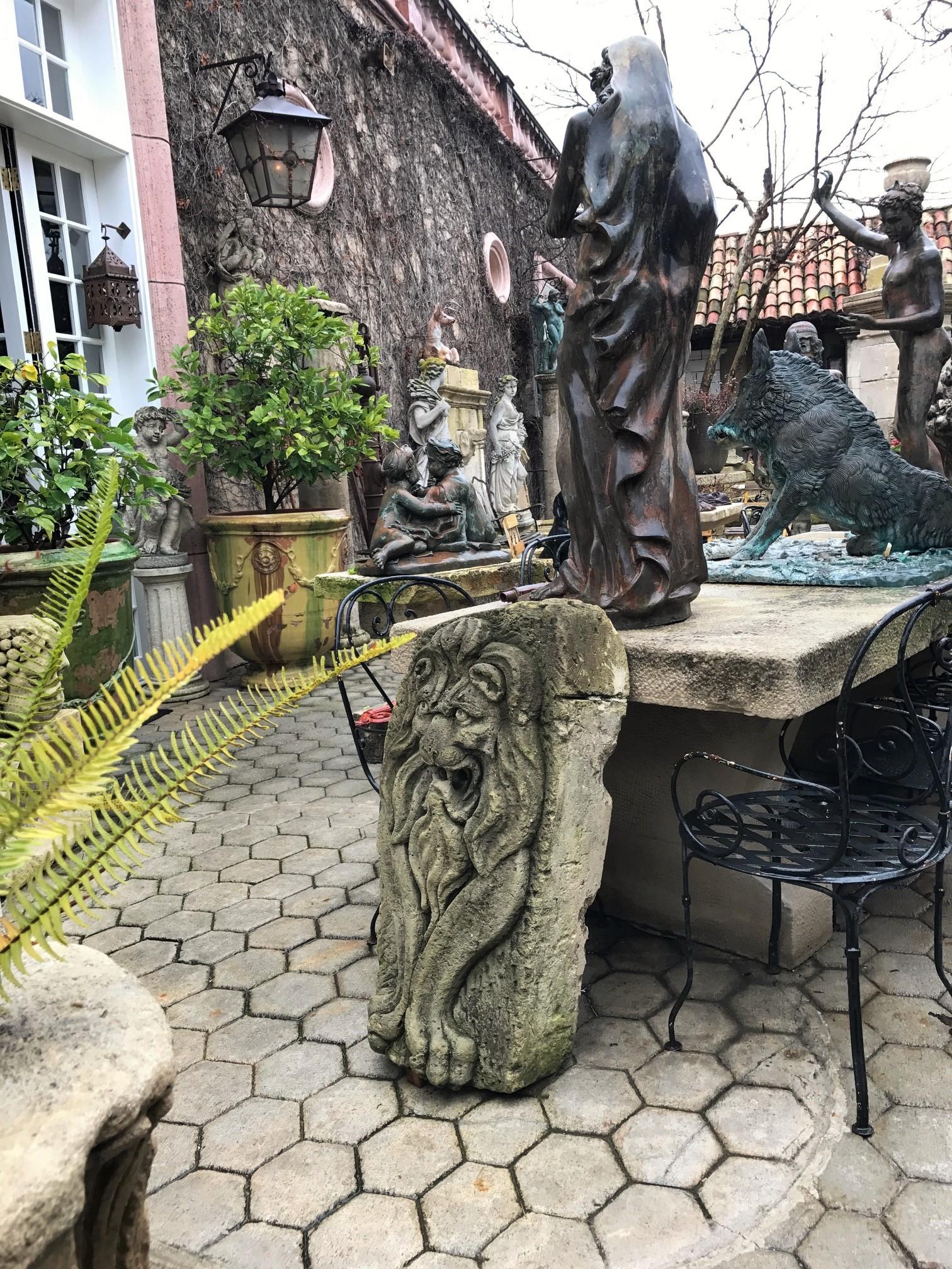 Hand-Carved Lion Hand Carved Stone Fountain Head Wall Mount Sculpture Spout Water Feature LA