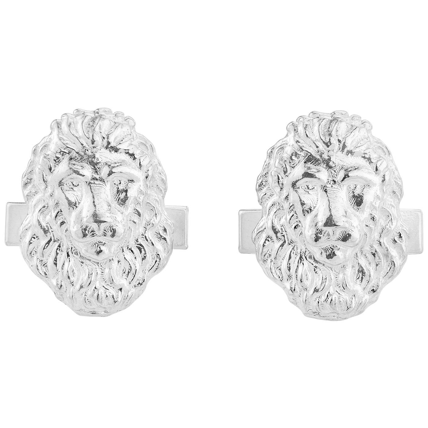 Lion Head Cufflink in Sterling Silver For Sale