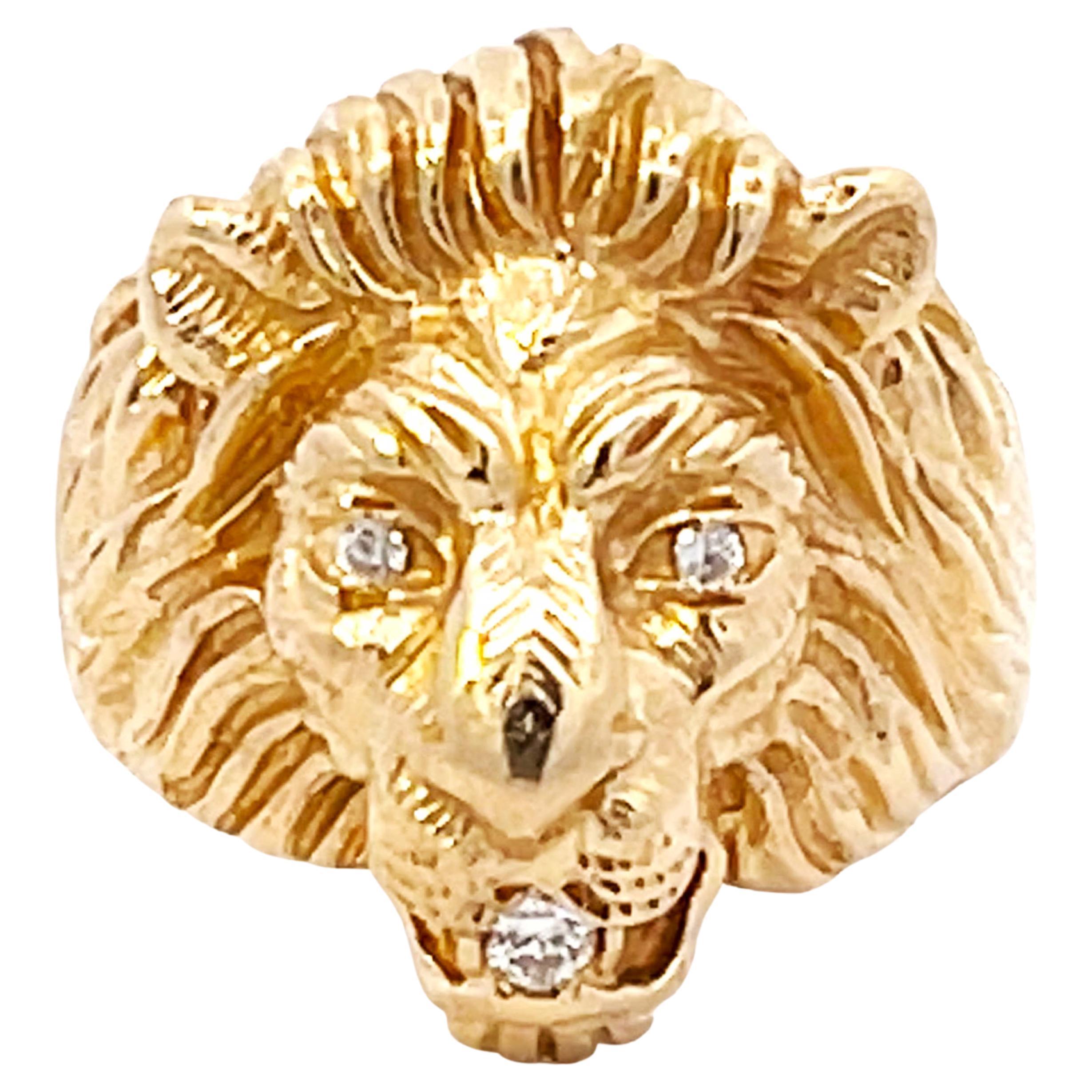 Lion Head Diamond Ring 14K Yellow Gold For Sale