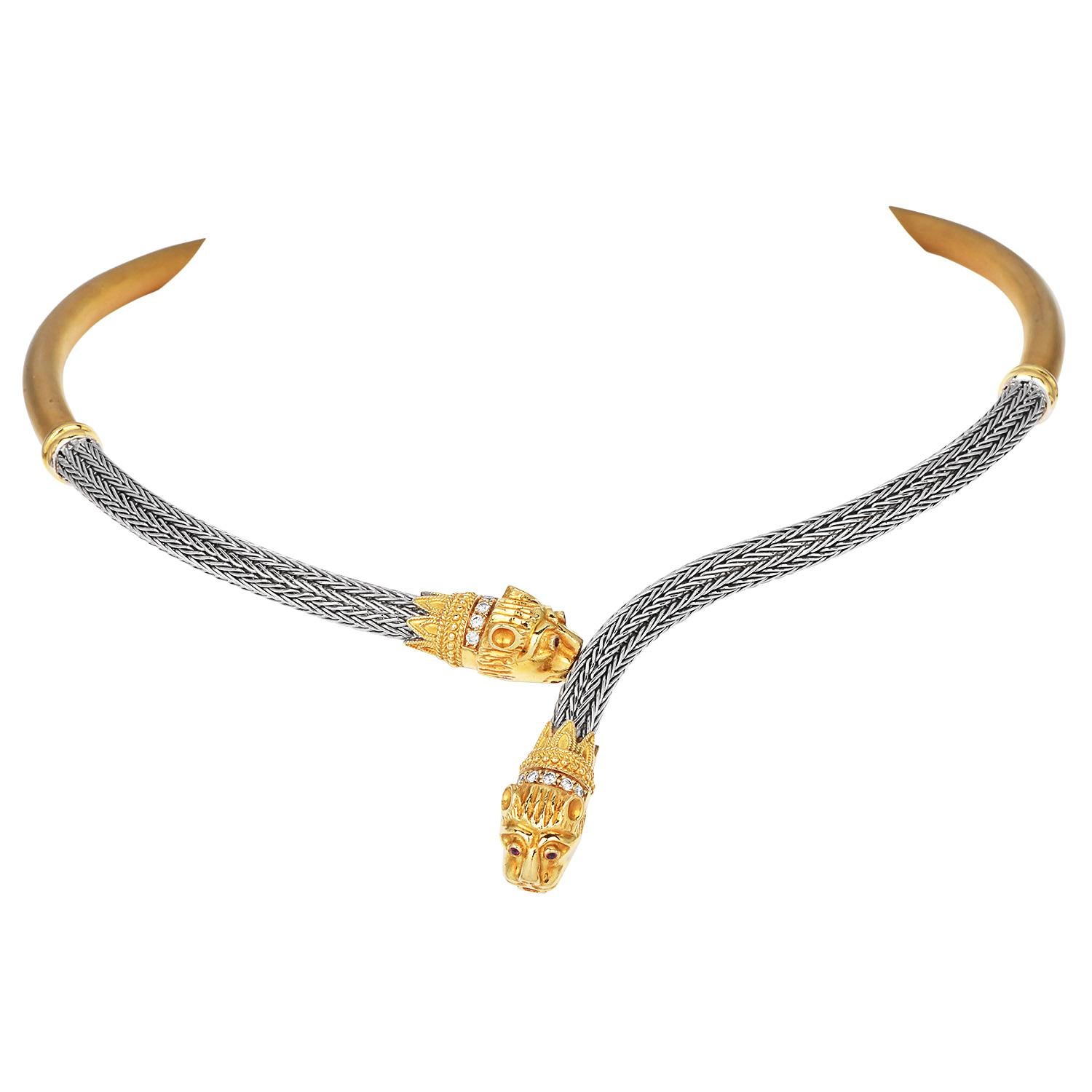 Lion Head Diamond Ruby 18K Two-Tone Gold Choker Necklace