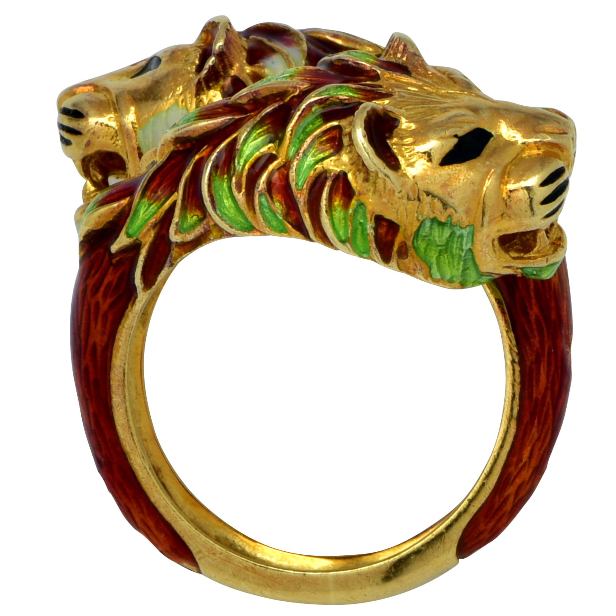 Women's Lion Head Enamel Bypass Ring, circa 1960s