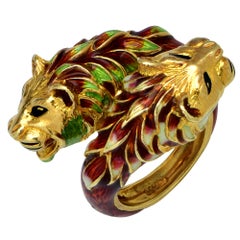Lion Head Enamel Bypass Ring, circa 1960s