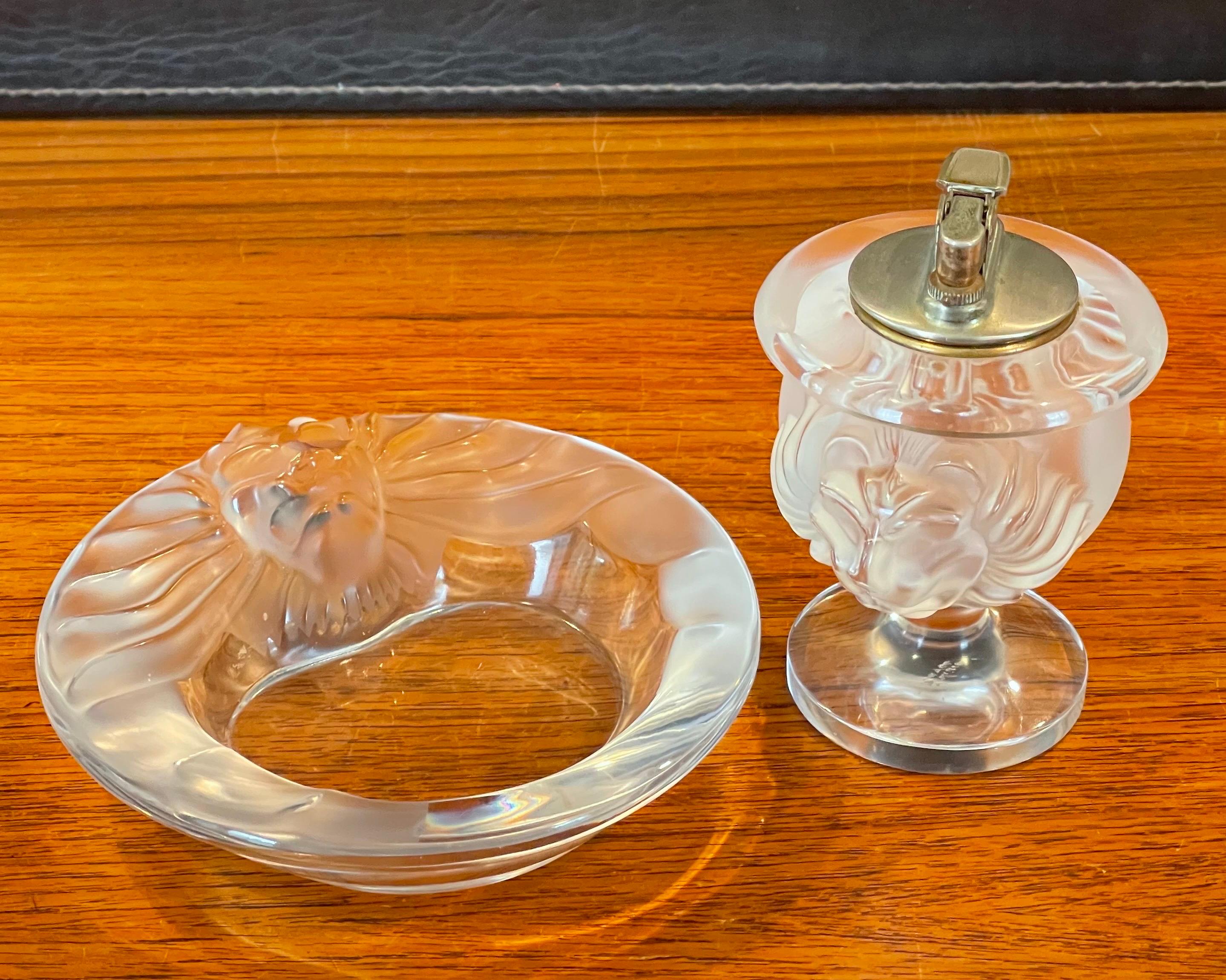 Lion Head Frosted Crystal Ashtray & Lighter Set by Lalique For Sale 9