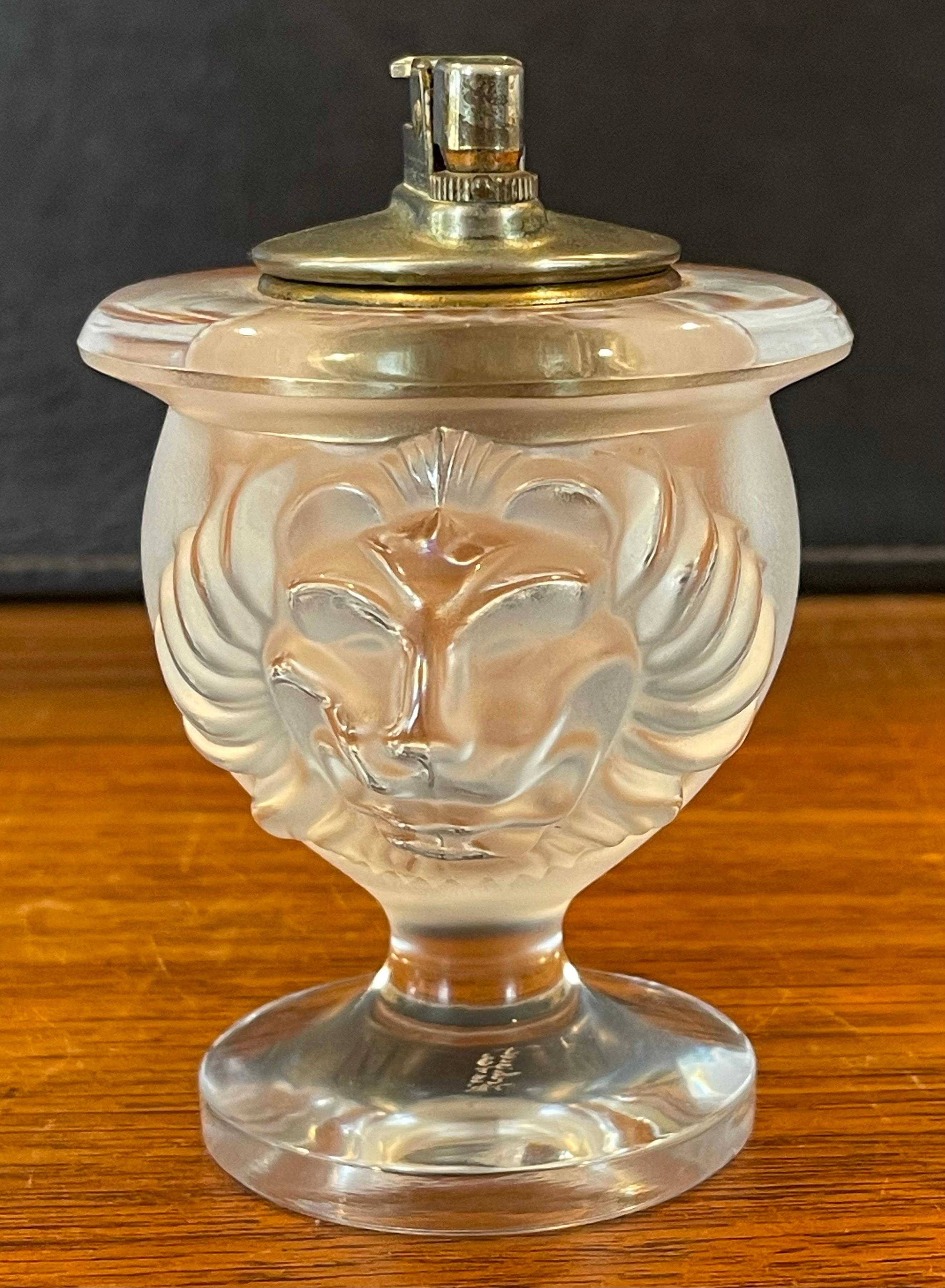 French Lion Head Frosted Crystal Ashtray & Lighter Set by Lalique For Sale