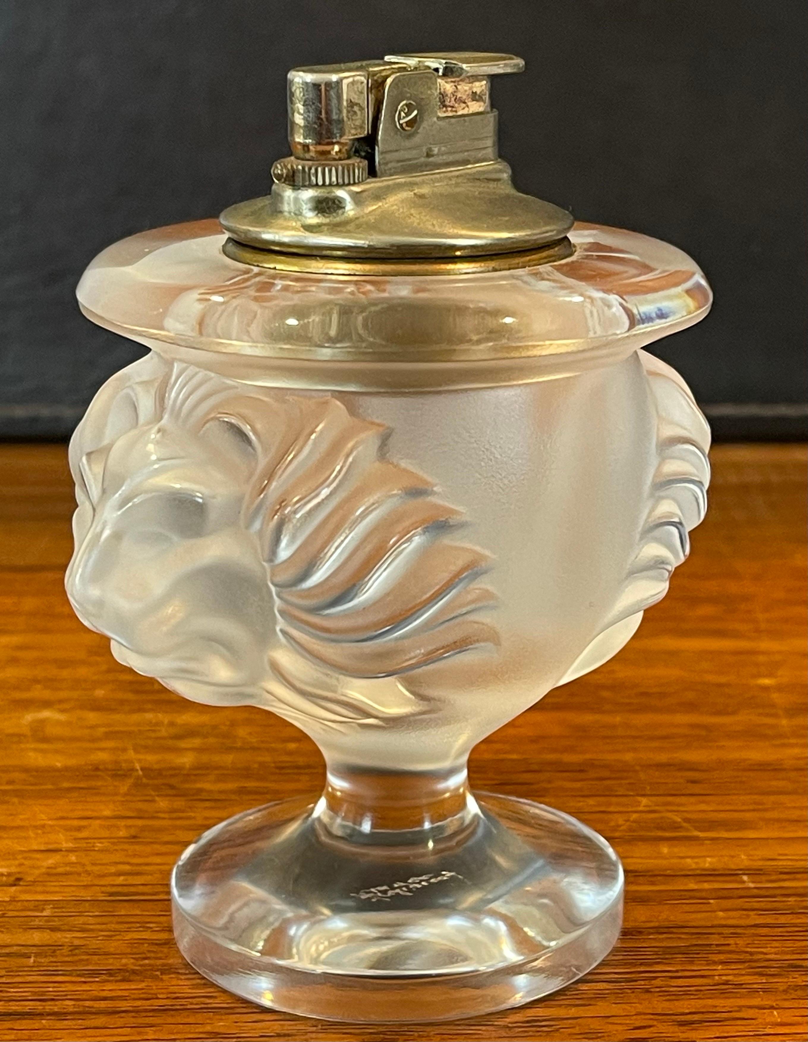 Lion Head Frosted Crystal Ashtray & Lighter Set by Lalique In Good Condition For Sale In San Diego, CA
