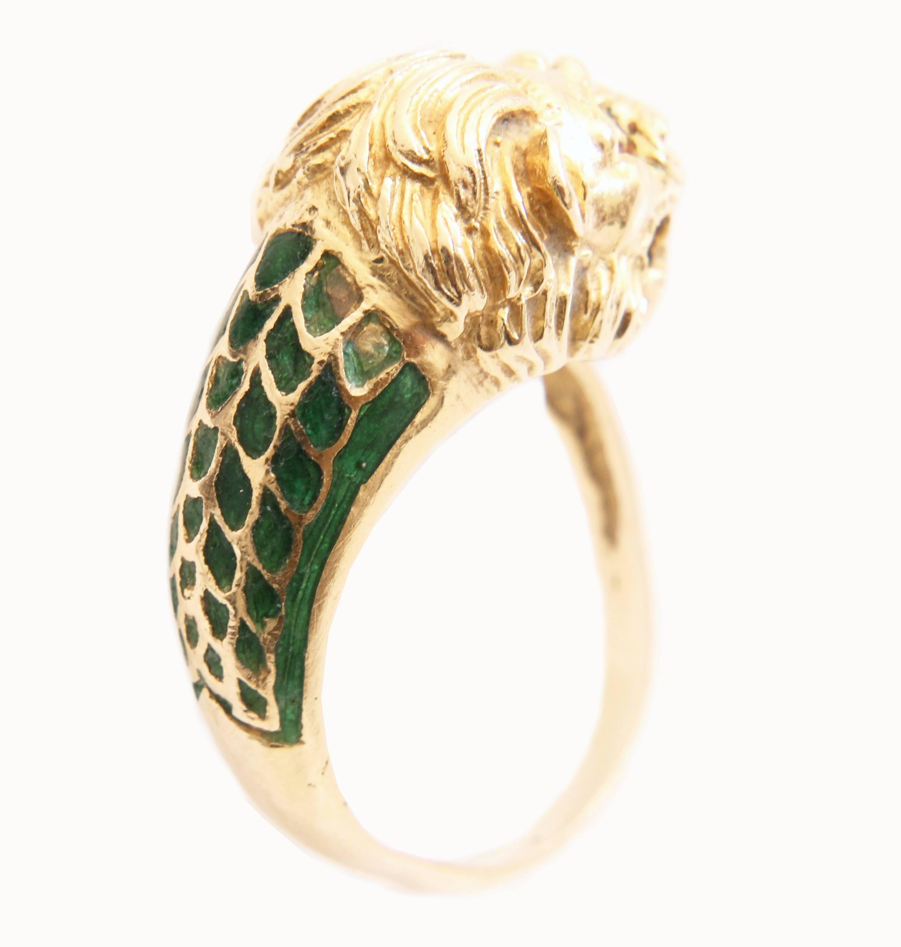 Lion Head Ring 18K Gold with Enamel Art Deco Figural Sz 6.5 1960s Rare 7