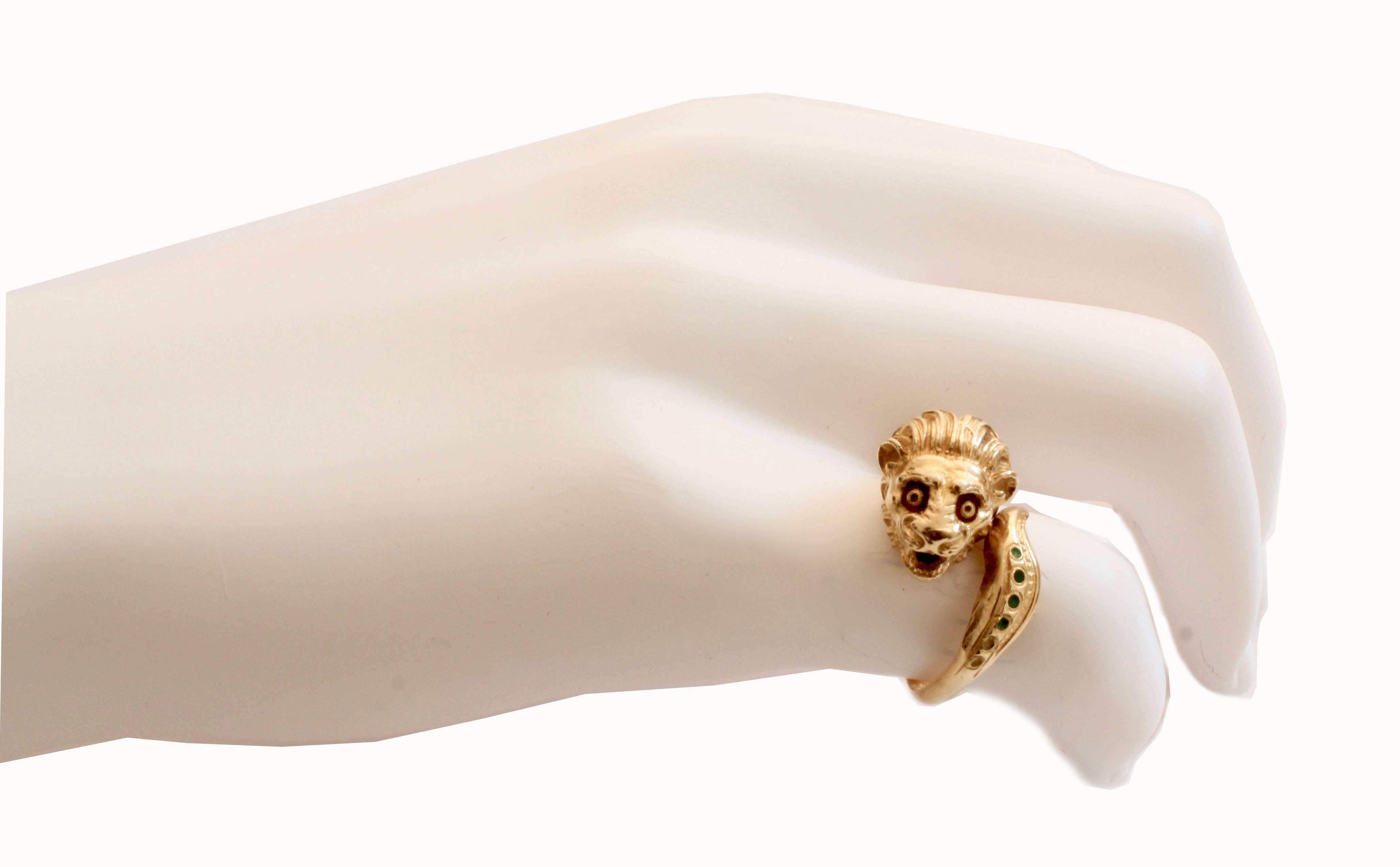 Lion Head Ring 18K Gold with Enamel Art Deco Figural Sz 6.5 1960s Rare 1