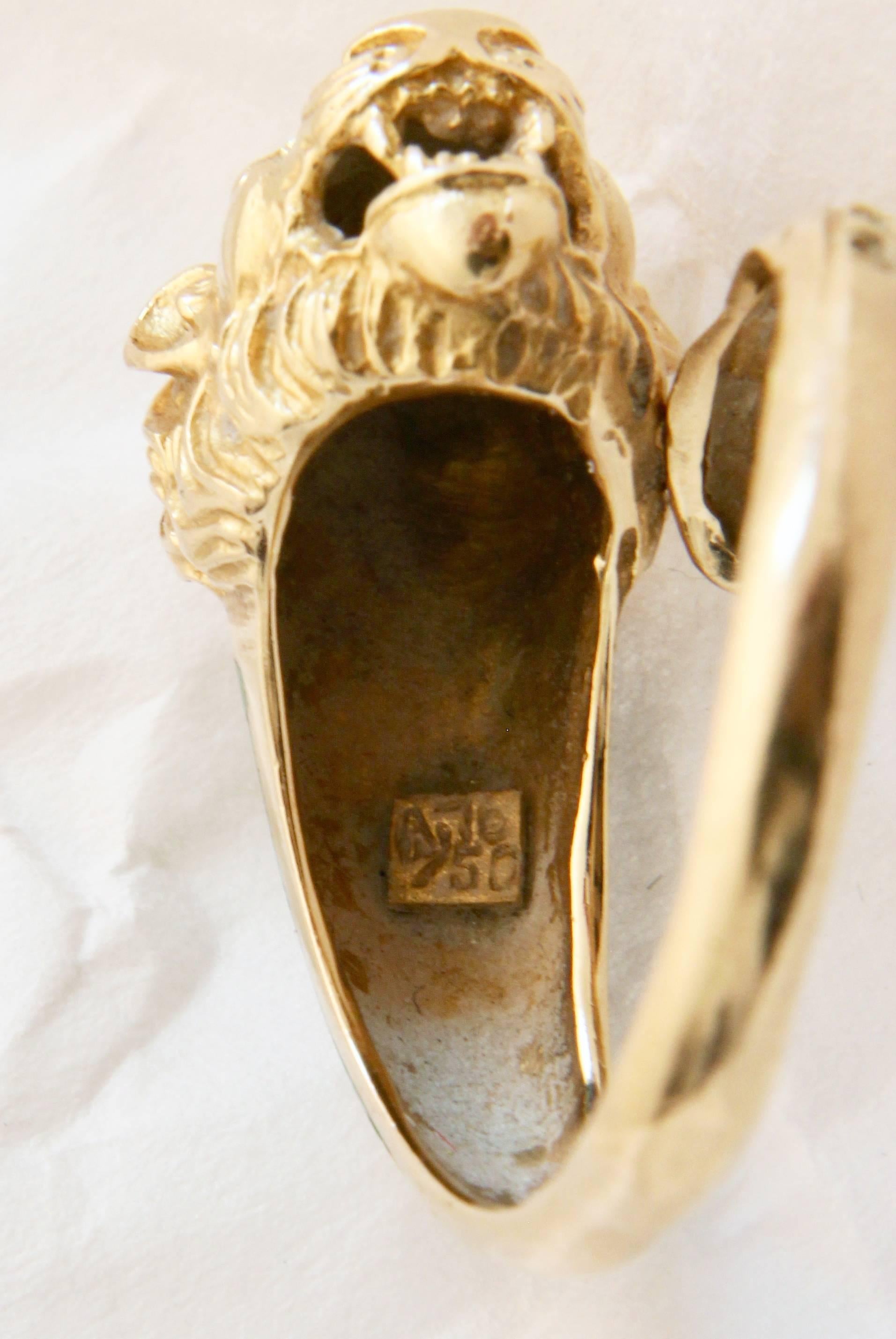Lion Head Ring 18K Gold with Enamel Art Deco Figural Sz 6.5 1960s Rare 3