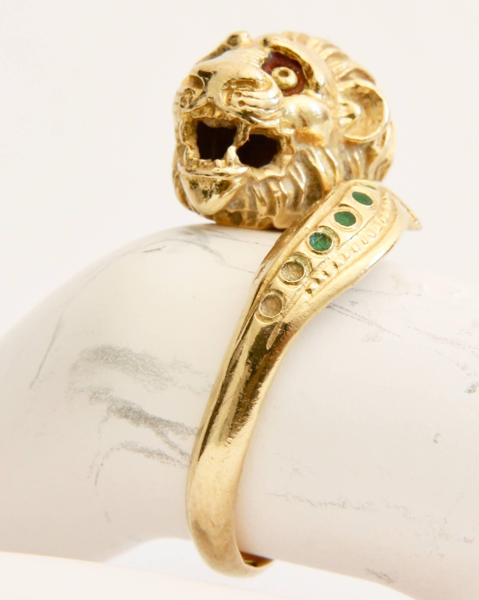 Lion Head Ring 18K Gold with Enamel Art Deco Figural Sz 6.5 1960s Rare 4