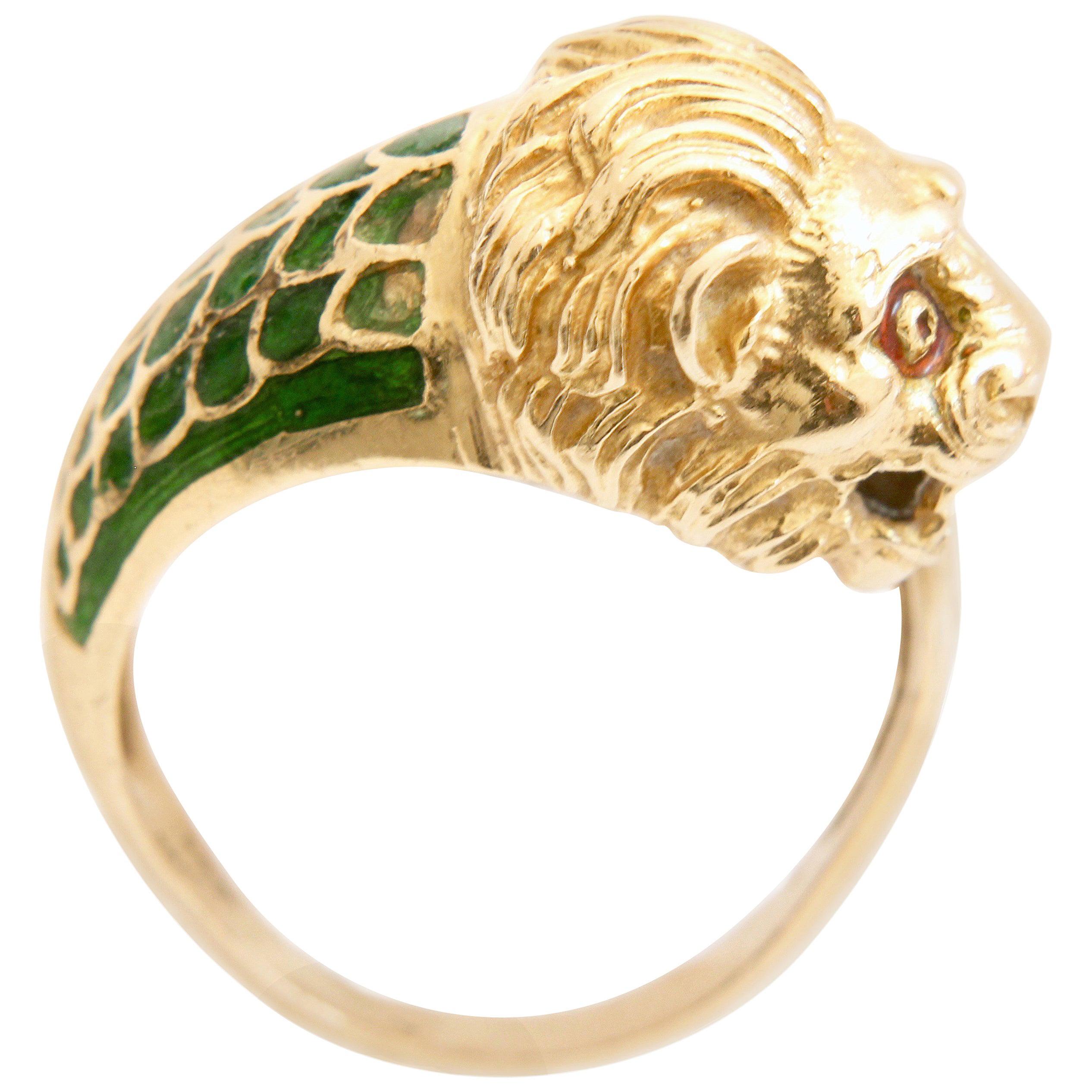 Lion Head Ring 18K Gold with Enamel Art Deco Figural Sz 6.5 1960s Rare