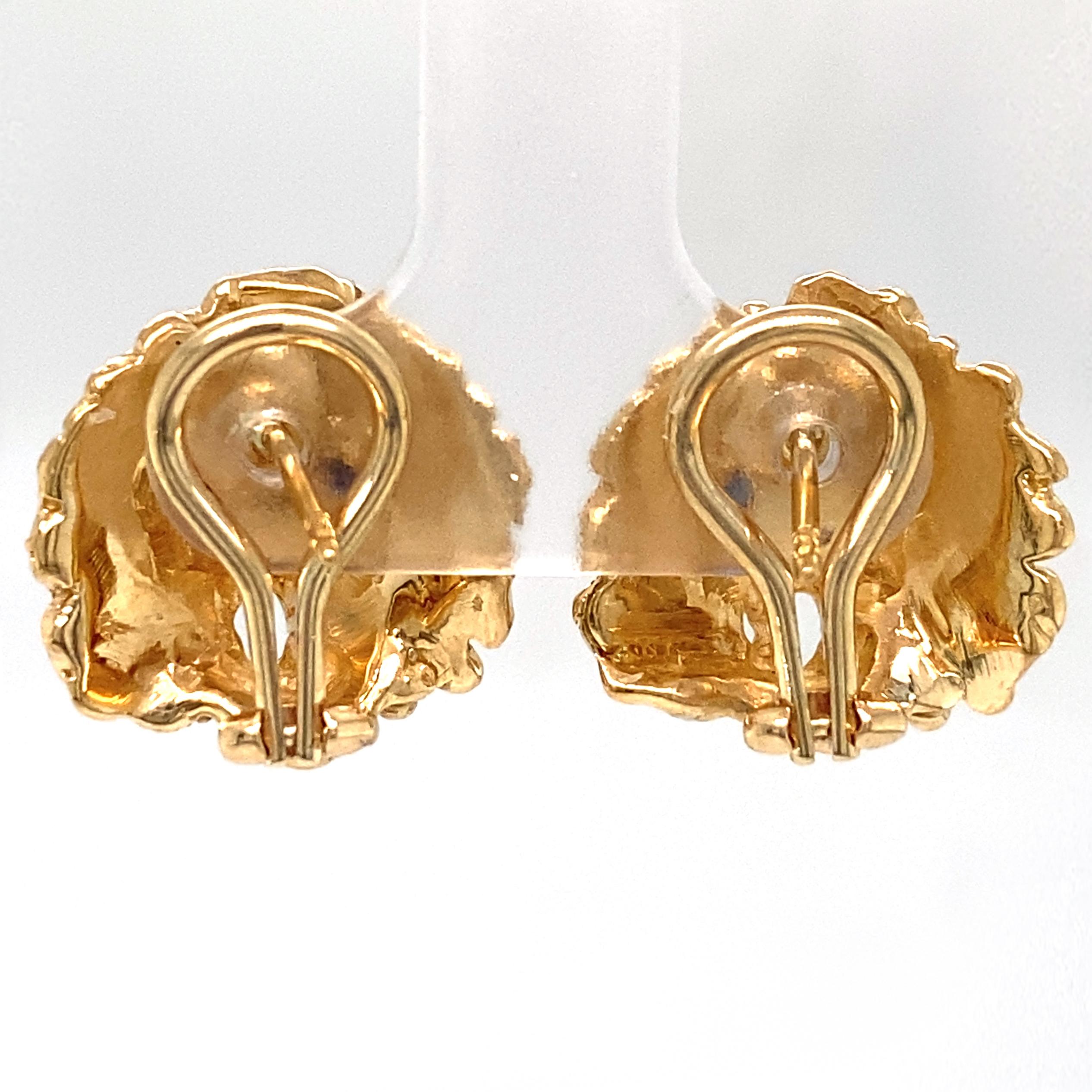 Lion Head Stud Earrings with Sapphire Eyes & Hinged Omega Posts in Yellow Gold For Sale 1