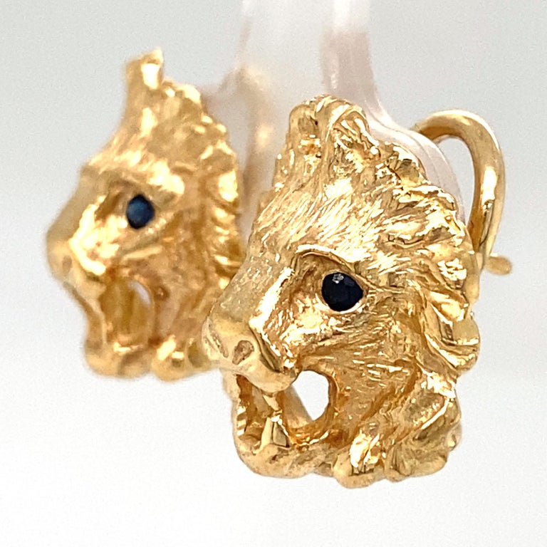 Lion Head Stud Earrings with Sapphire Eyes and Hinged Omega Posts in