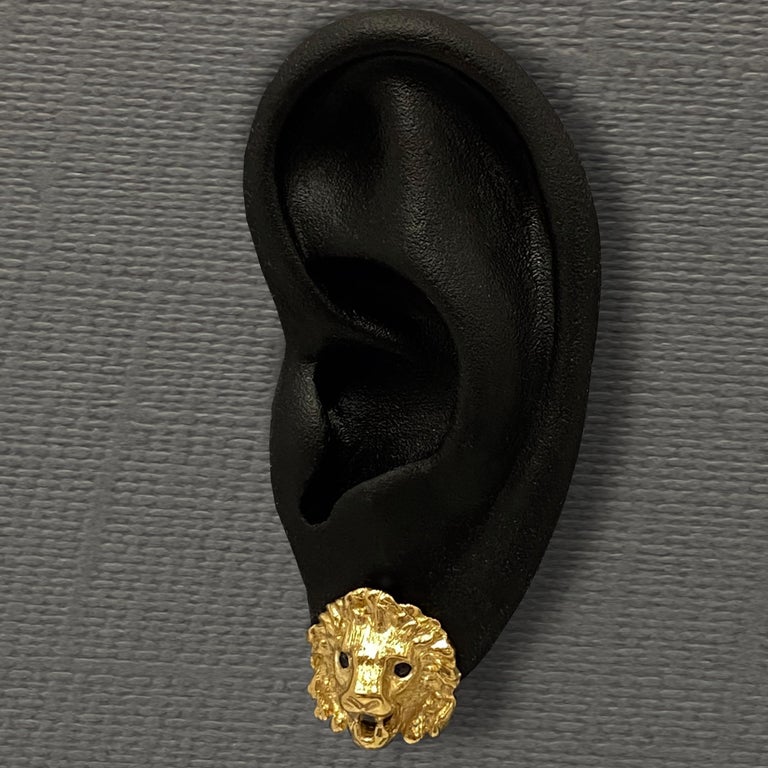 Lion Head Stud Earrings with Sapphire Eyes and Hinged Omega Posts in