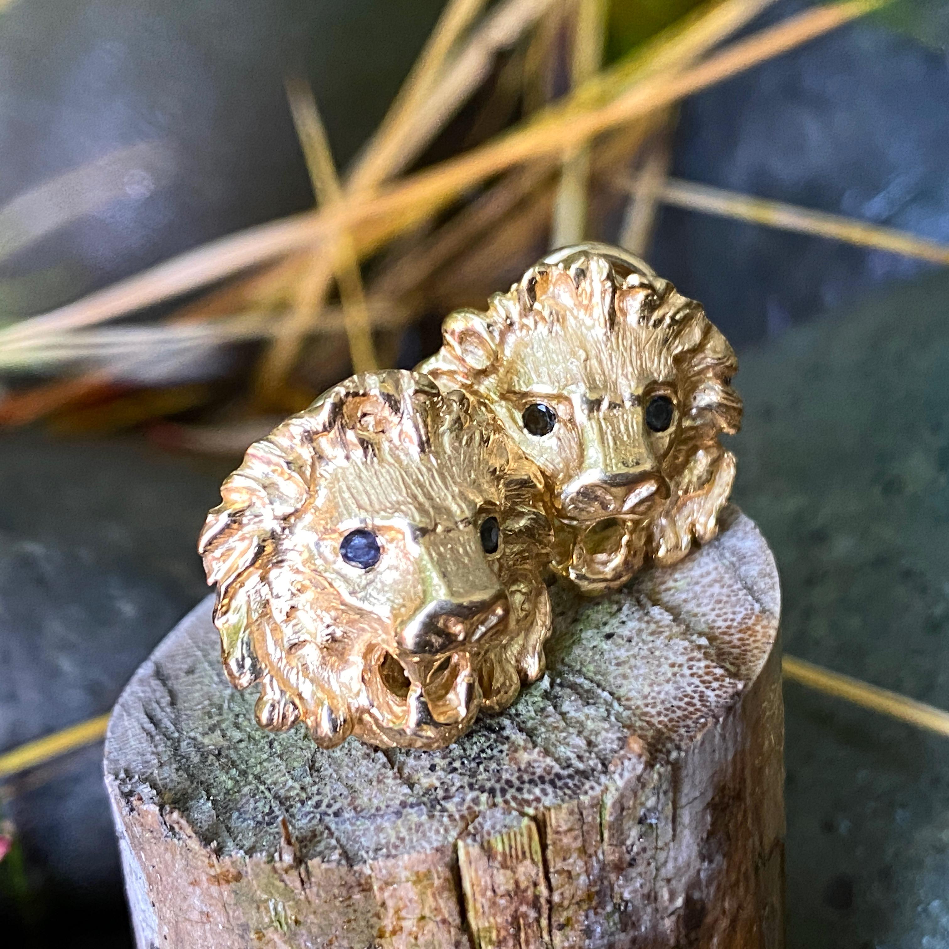 Round Cut Lion Head Stud Earrings with Sapphire Eyes & Hinged Omega Posts in Yellow Gold For Sale