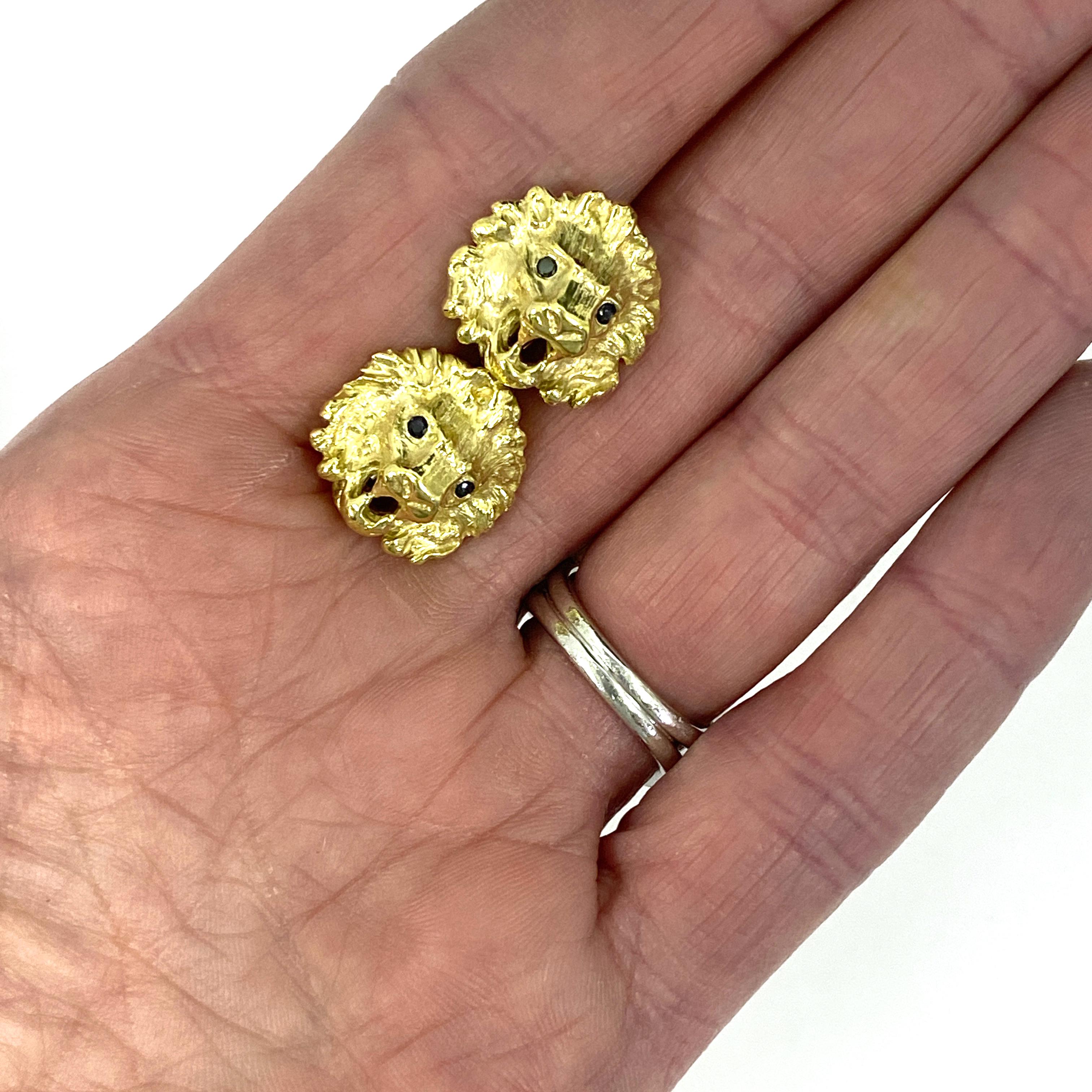 Lion Head Stud Earrings with Sapphire Eyes & Hinged Omega Posts in Yellow Gold In New Condition For Sale In Sherman Oaks, CA