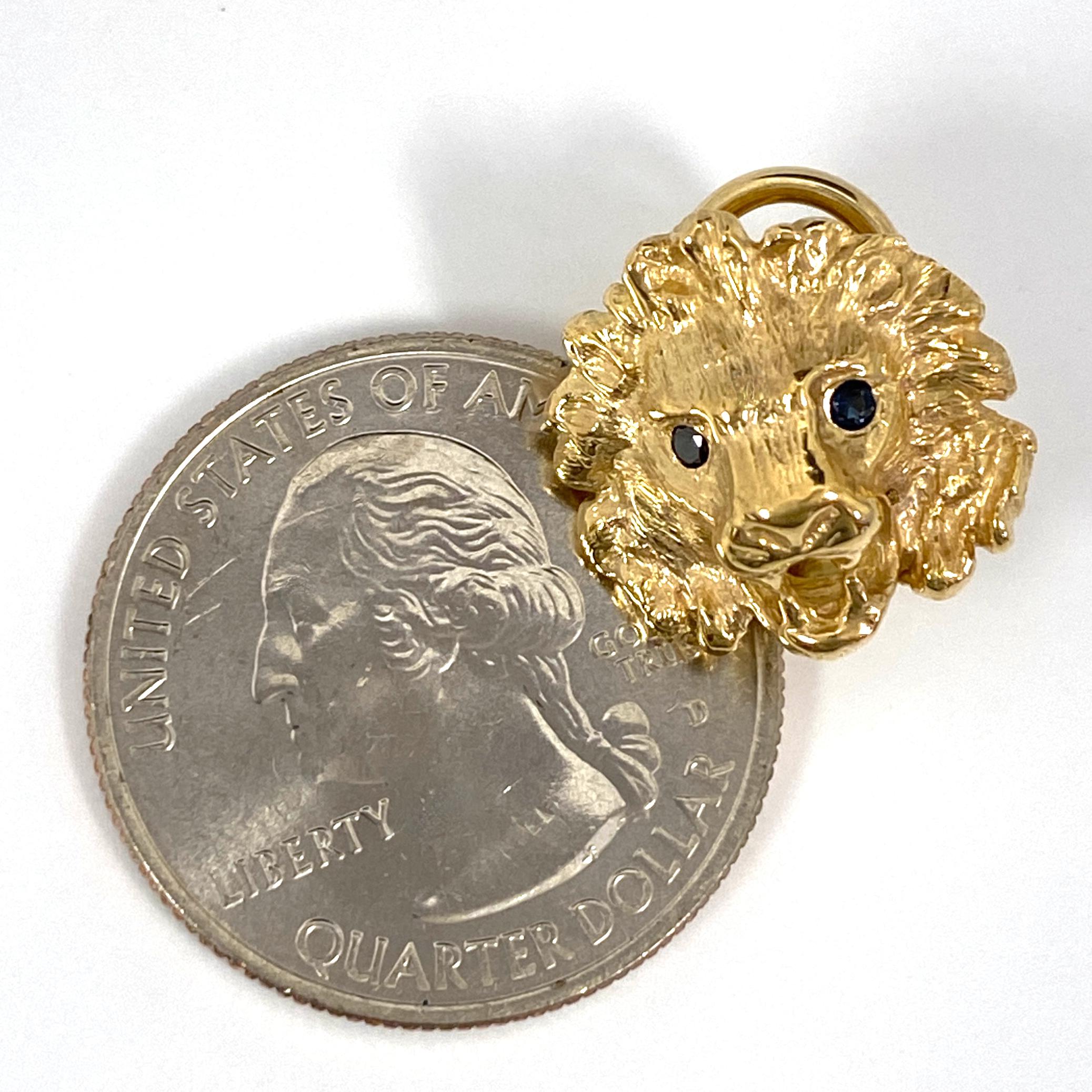 Women's or Men's Lion Head Stud Earrings with Sapphire Eyes & Hinged Omega Posts in Yellow Gold For Sale