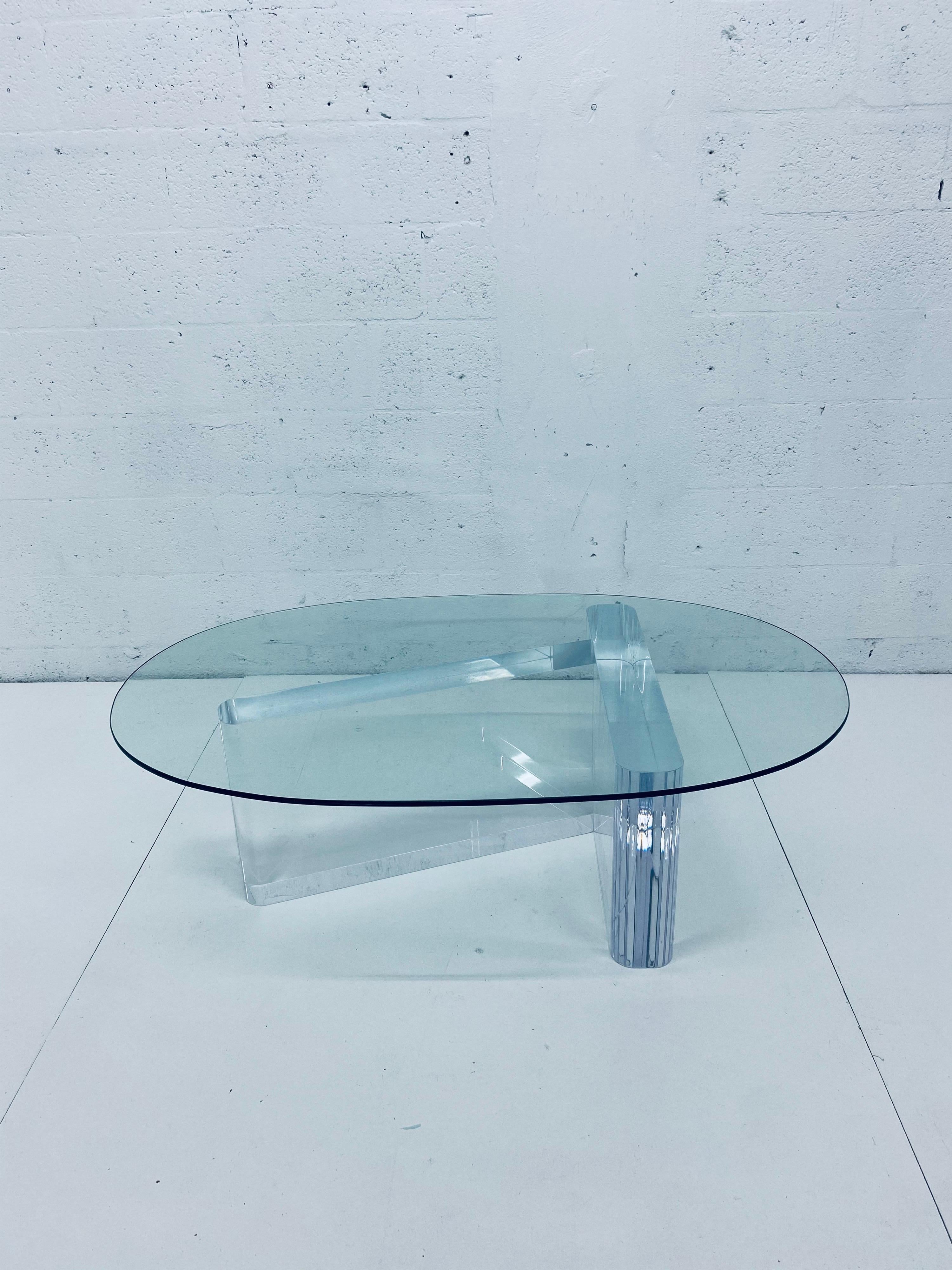Lion in Frost Lucite and Oval Glass Top Coffee or Cocktail Table, 1970s 3