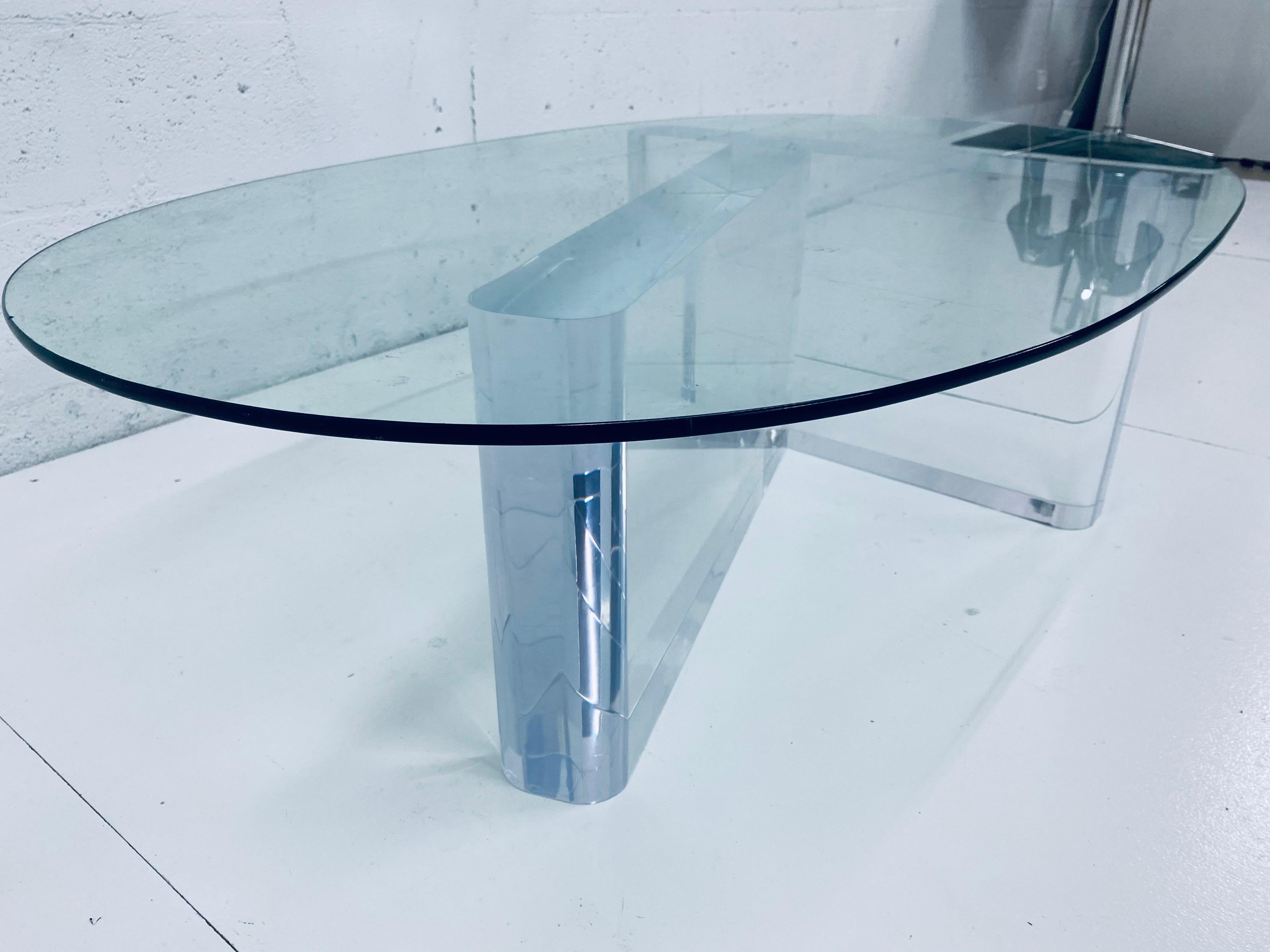Mid-Century Modern Lion in Frost Lucite and Oval Glass Top Coffee or Cocktail Table, 1970s