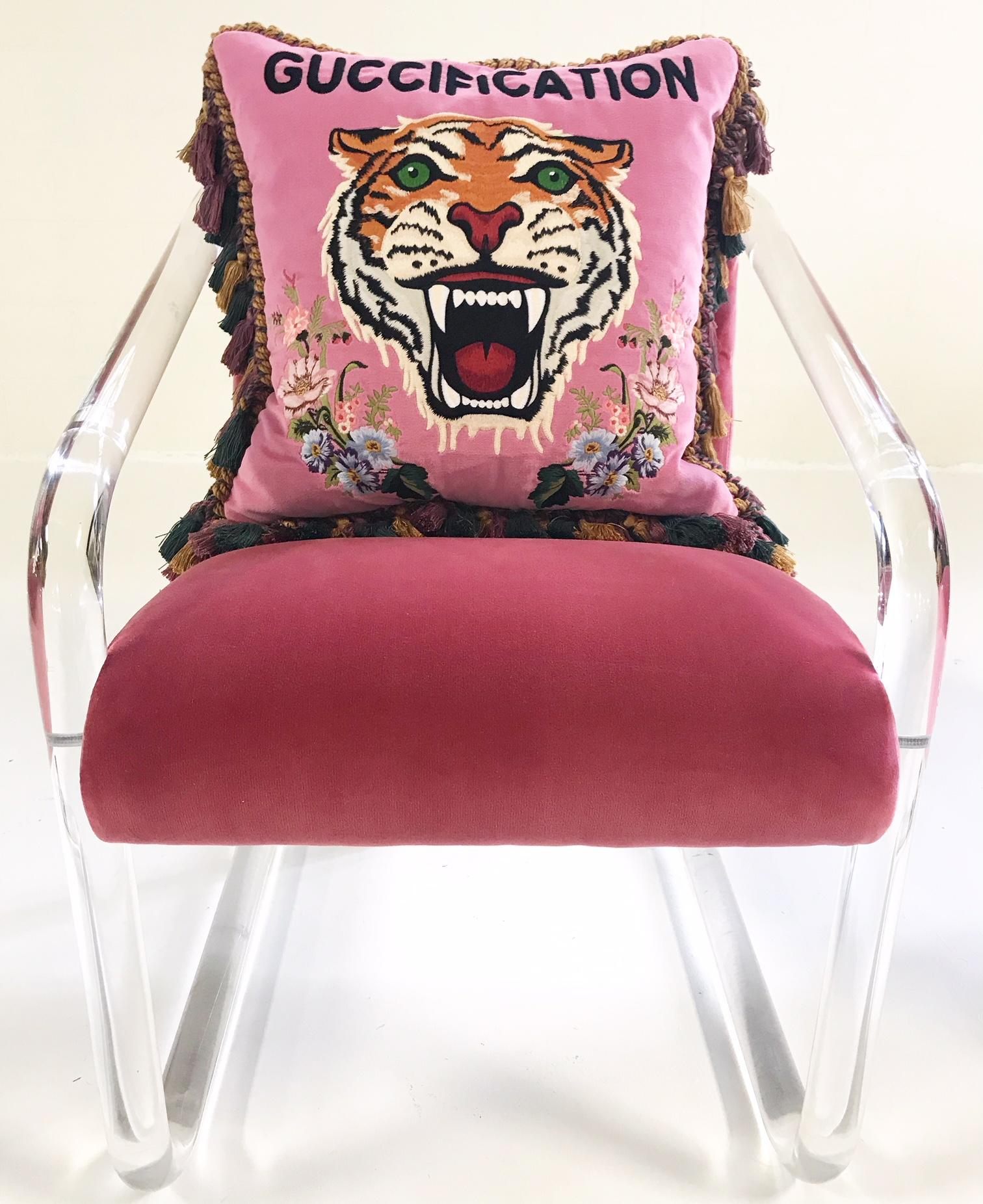 20th Century Lion in Frost Lucite Chairs Restored in Loro Piana Velvet with Gucci Pillows