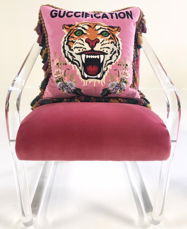 Lion in Frost Lucite Chairs Restored in Loro Piana Velvet with Gucci Pillows 3
