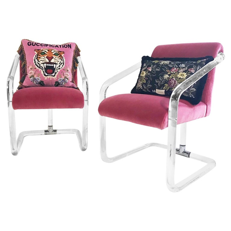 Lion in Frost Lucite Chairs Restored in Loro Piana Velvet with Gucci Pillows
