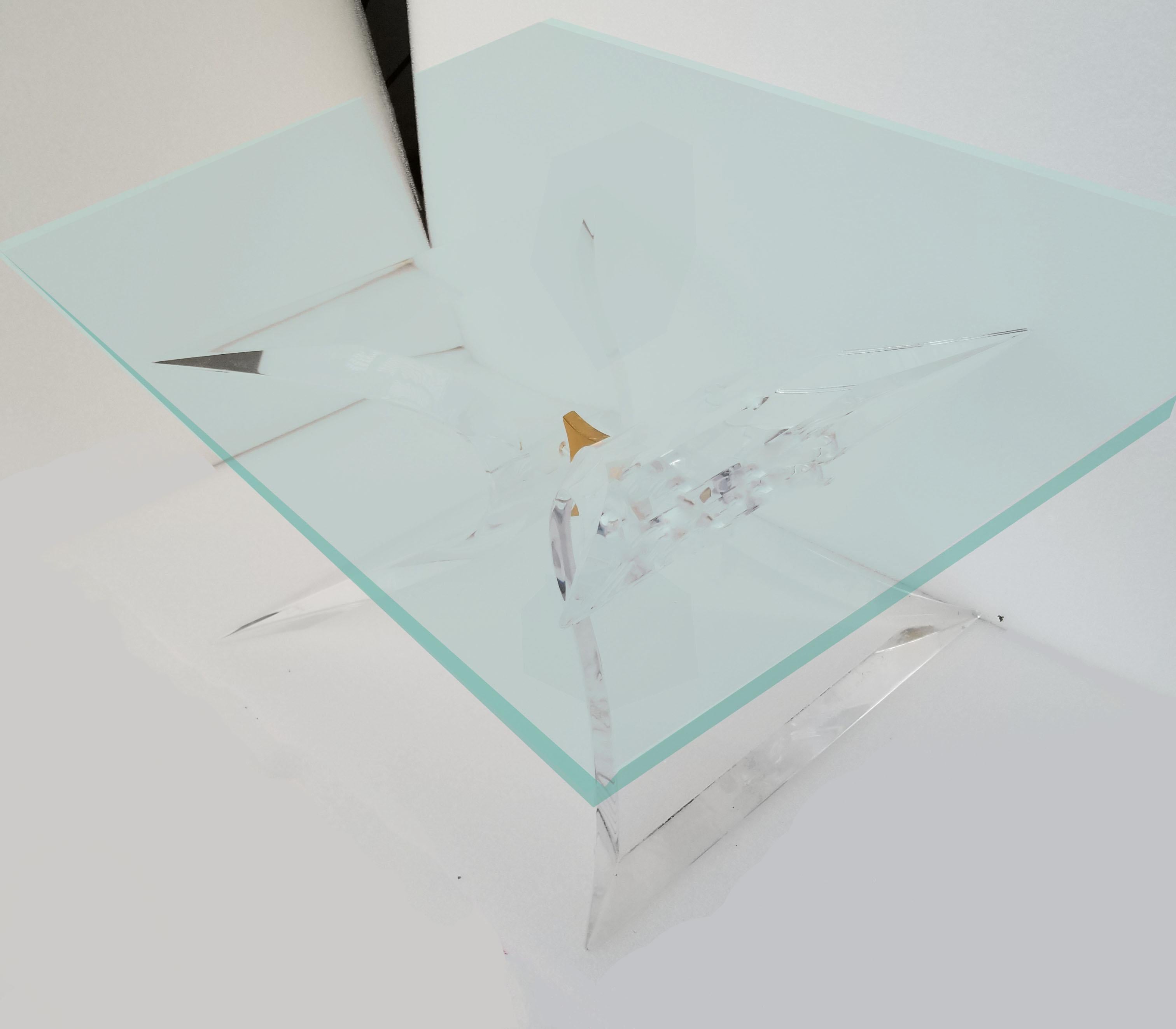 Superb Mid-Century Modern Lucite butterfly side table signed Lion in Frost at the base.
Pair available, perfect for a pair of side or sofa tables.