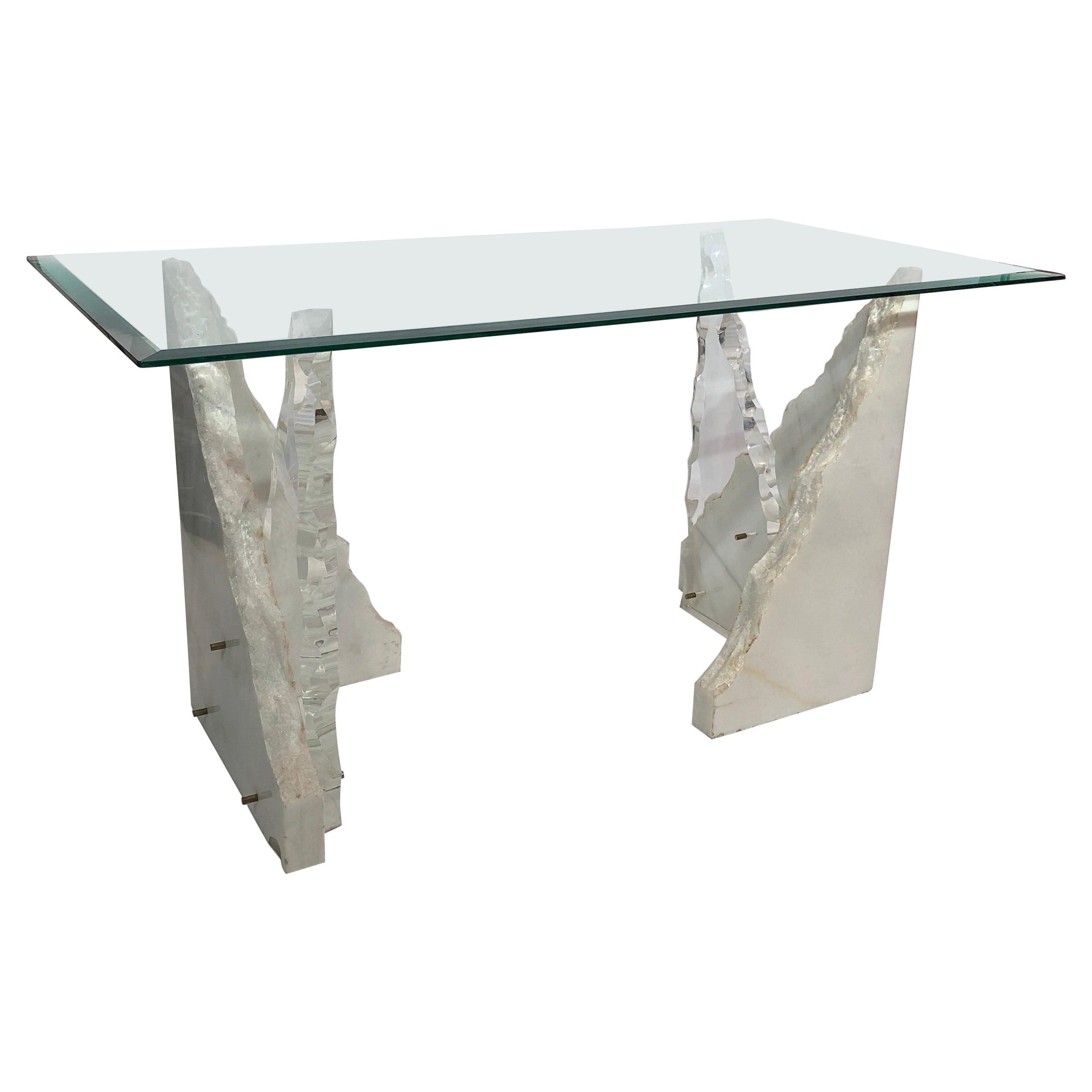 Lion in Frost Marble Lucite Brass Desk Console Table 1970s Postmodern 1980s