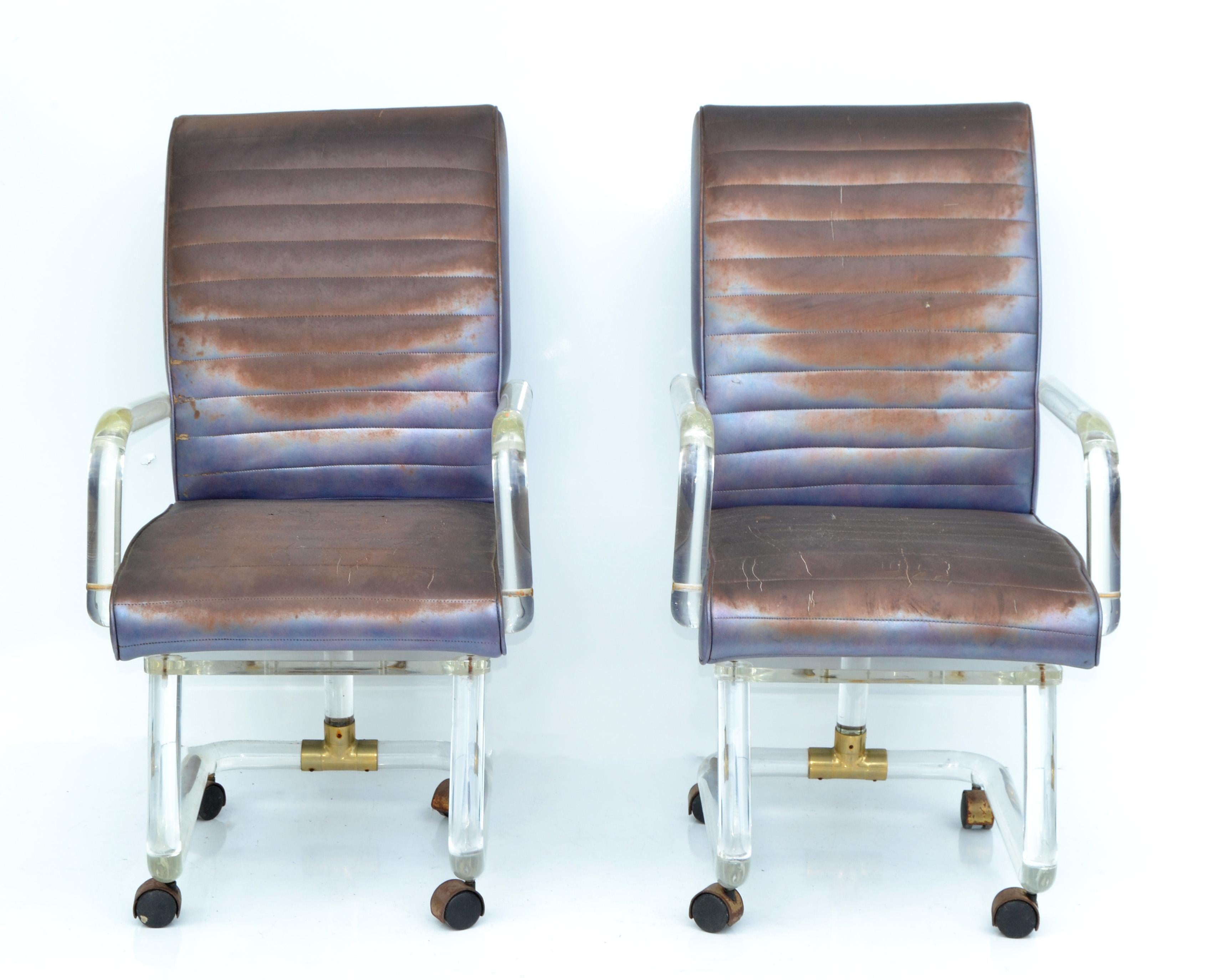 Mid-Century Modern Lion in Frost Pair Lucite & Brass Dining Chairs in Vinyl Upholstery, 1975 For Sale