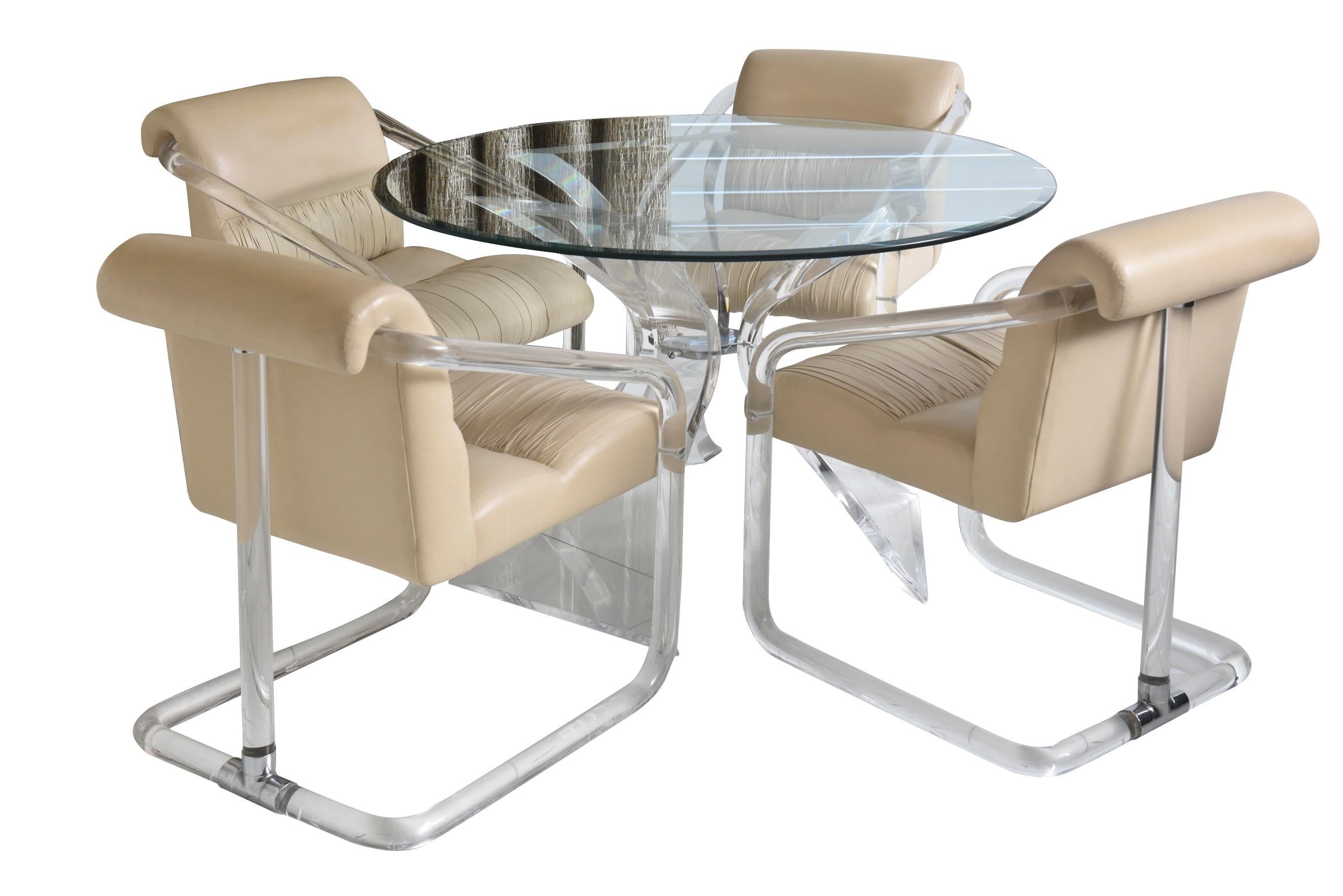 This 1970s vintage signed Lion In Frost Lucite sculptural base dining table and original tufted leather Lion Frost dining chairs make for a great ensemble. The glass can be a much larger one to put on at your end. The base is solid. It is now at 46