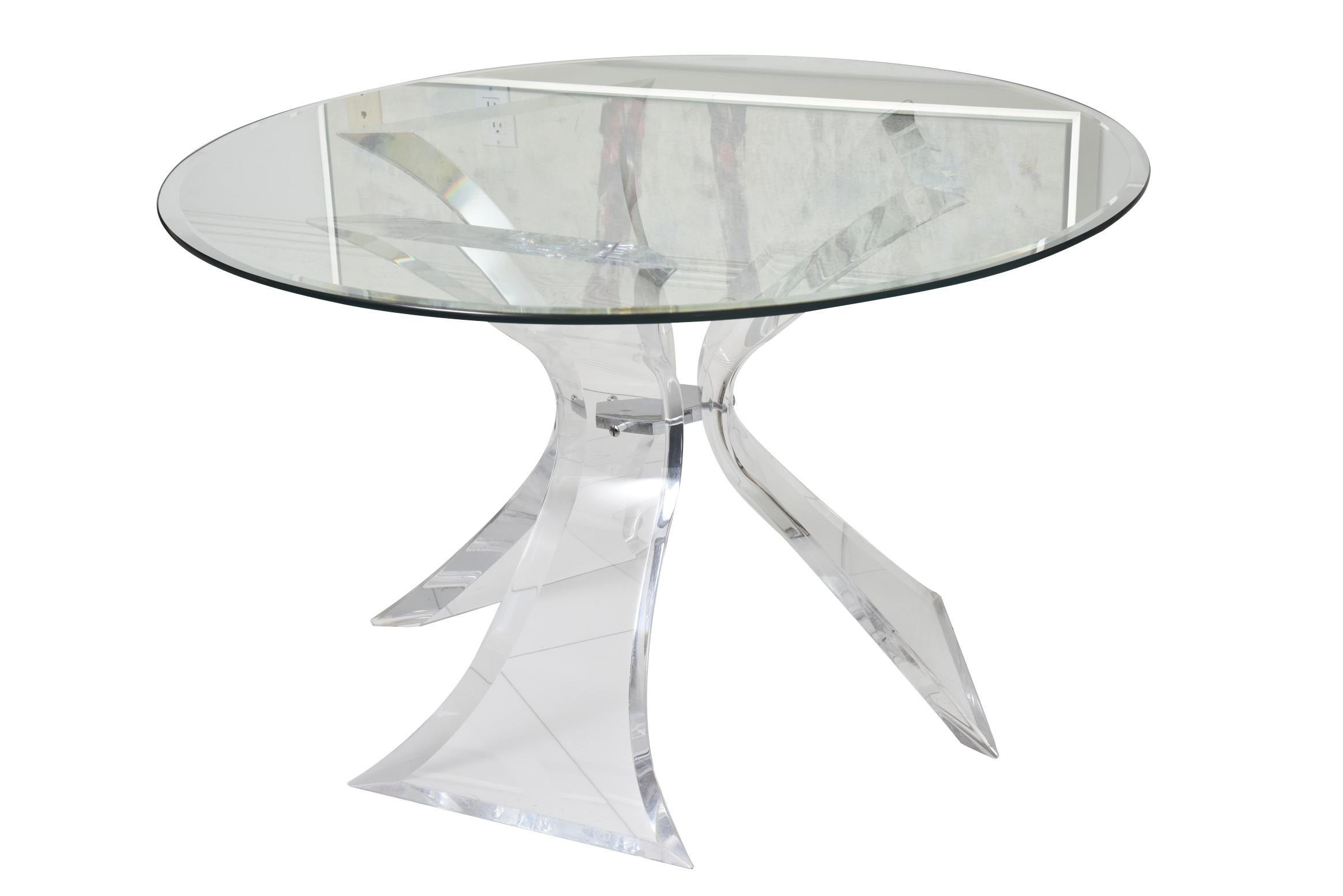 Modern Lion in Frost Signed Lucite Dining Table and Leather Chairs
