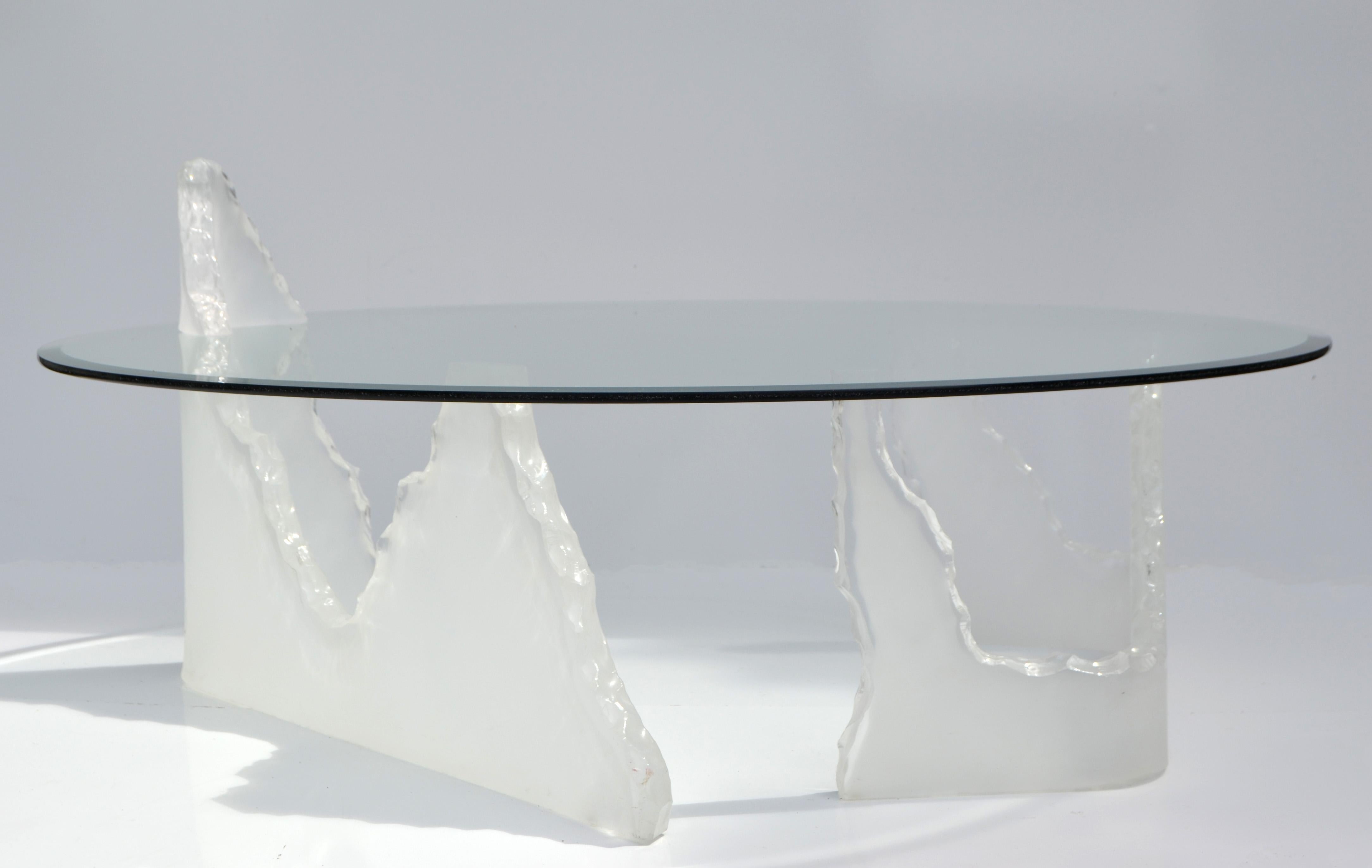 American Lion in Frost Style Lucite Iceberg Coffee, Cocktail Table Round Glass Top 1970  For Sale