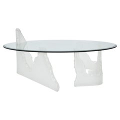 Lion in Frost Style Lucite Iceberg Coffee, Cocktail Table Round Glass Top 1970