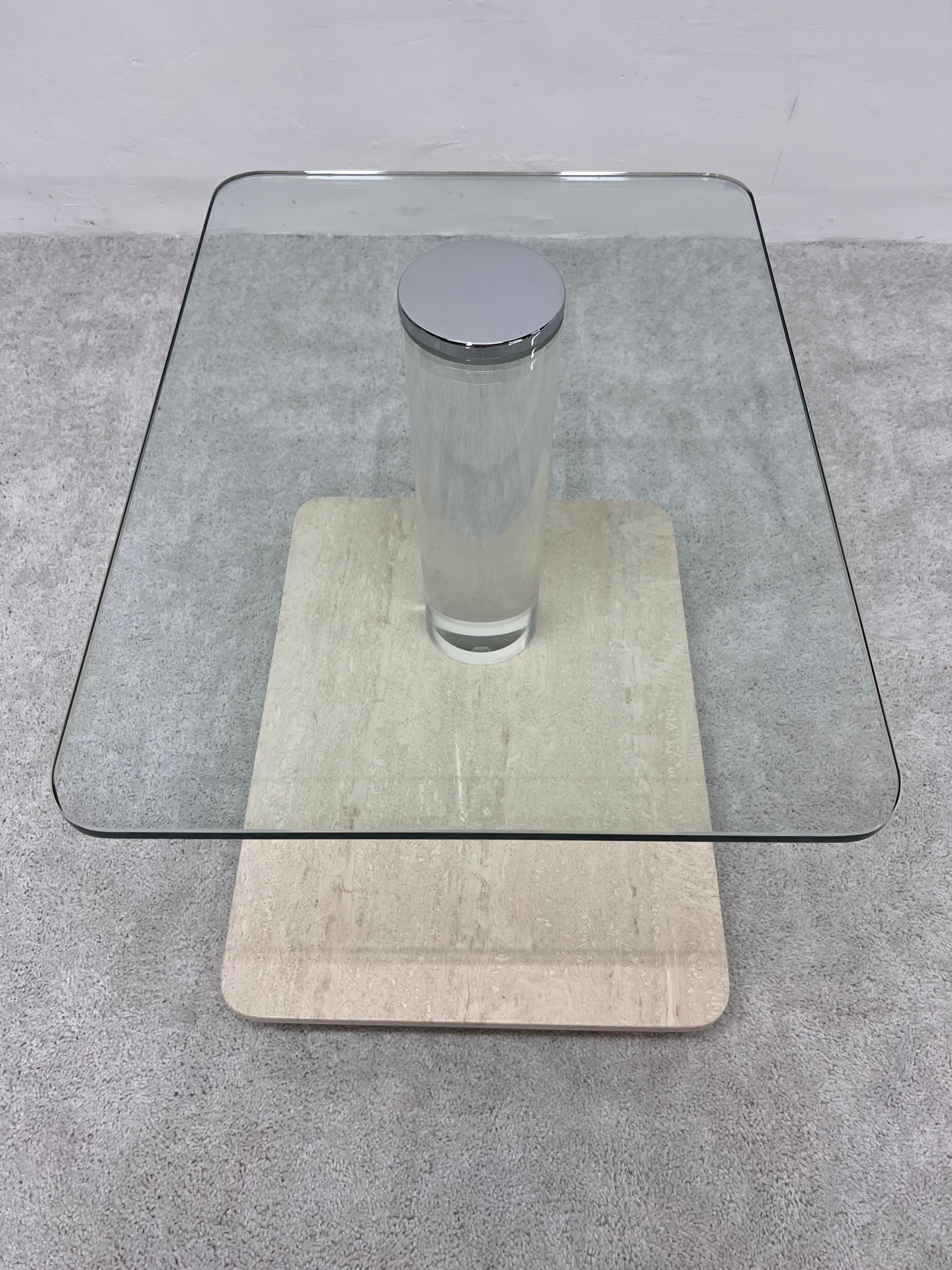 Lion in Frost Travertine and Glass Side Table with Lucite Column, 1970s For Sale 3