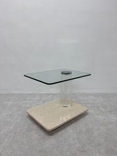Lion in Frost Travertine and Glass Side Table with Lucite Column, 1970s