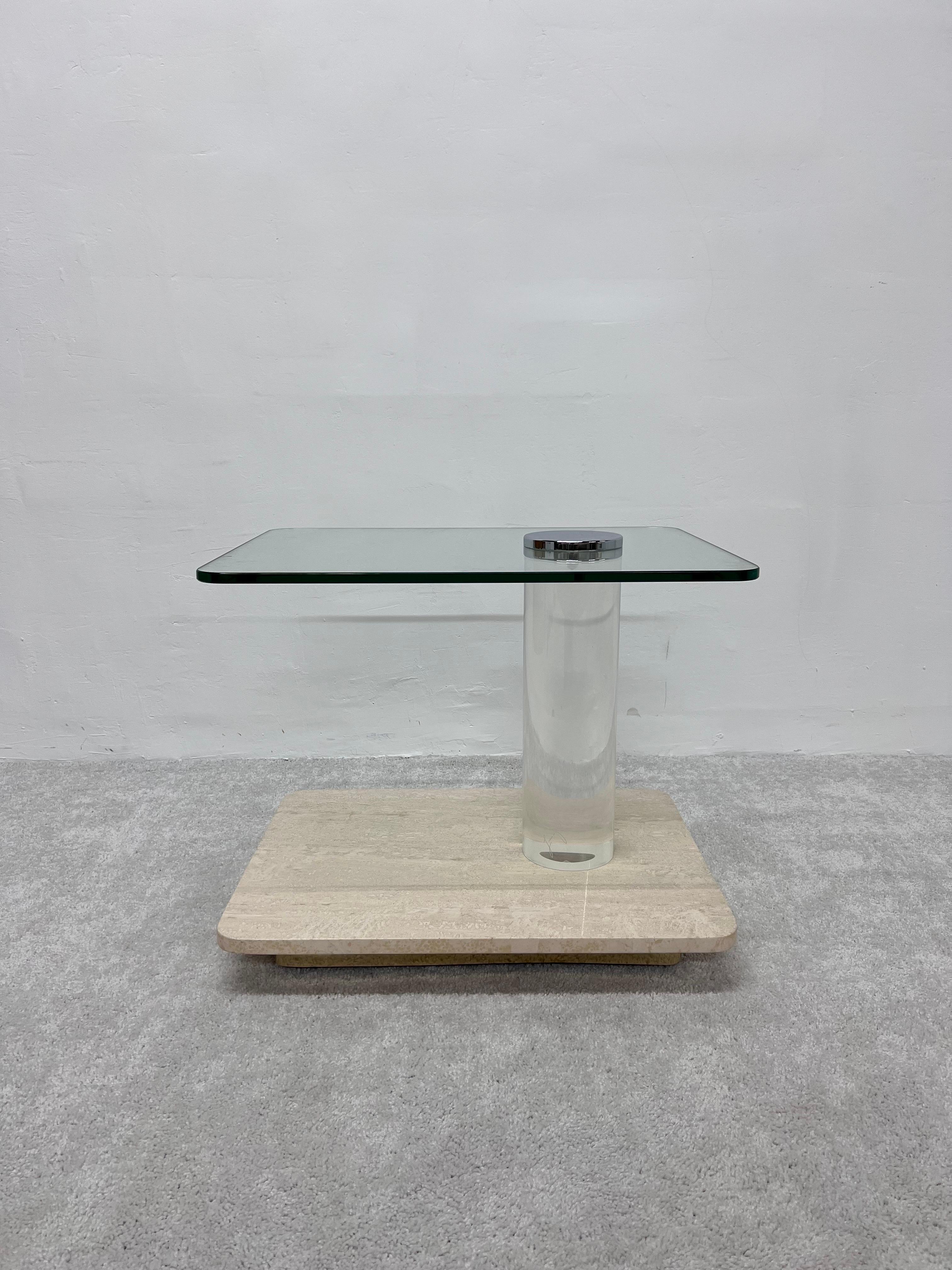 Mid-Century Modern Lion in Frost Travertine and Glass Side Table with Lucite Column, 1970s For Sale